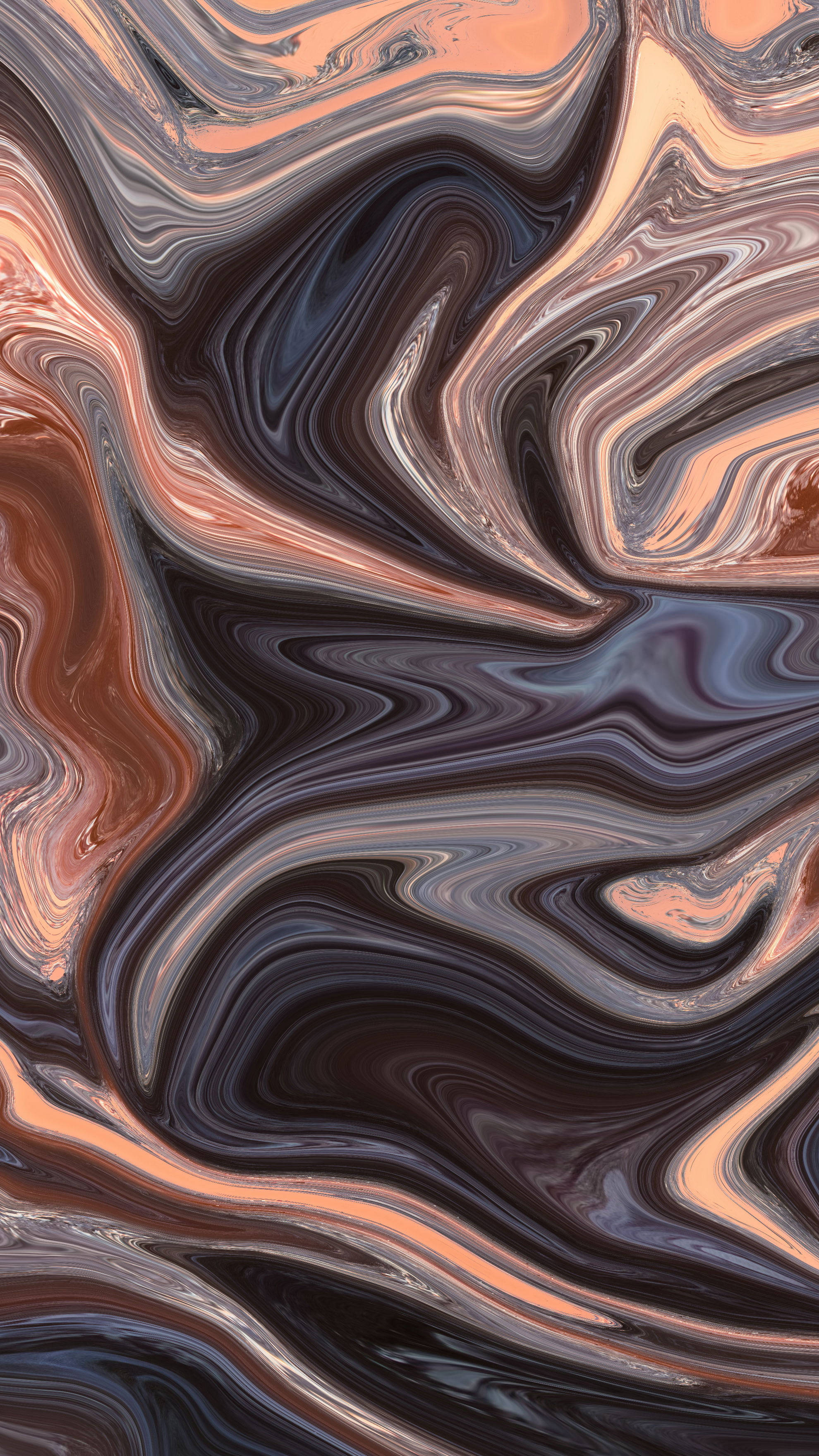 Marble Phone 桌布 壁紙 — 銅色、玫瑰金和深炭灰色在流體運動中形成充滿活力的漩渦抽象圖案。