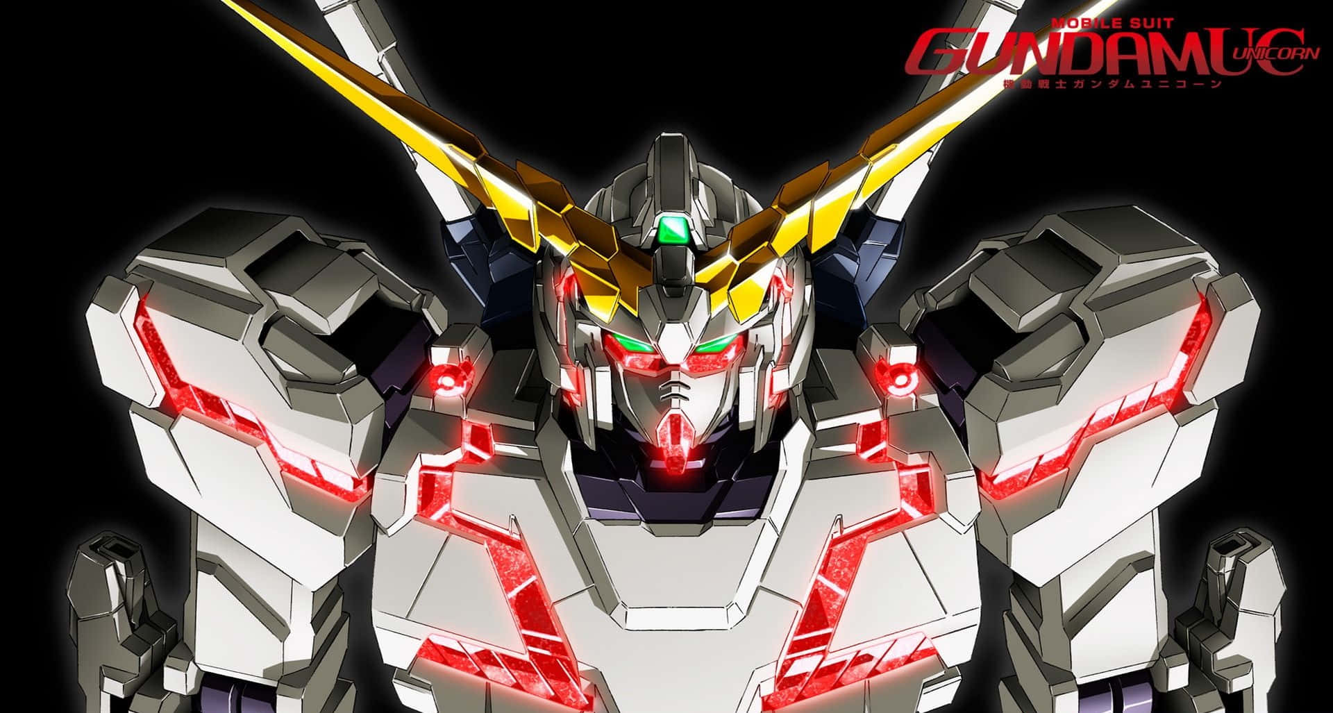 Gundam Unicorn 桌布 壁紙 — 鋼彈獨角獸的特寫，有發光紅眼和金色角，背景是黑色。