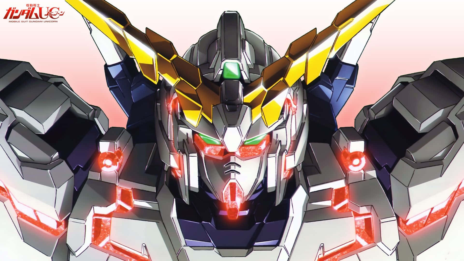 Gundam Unicorn 桌布 壁紙 — 鋼彈獨角獸的特寫，有發光紅眼和金色角，背景是柔和粉紅色。