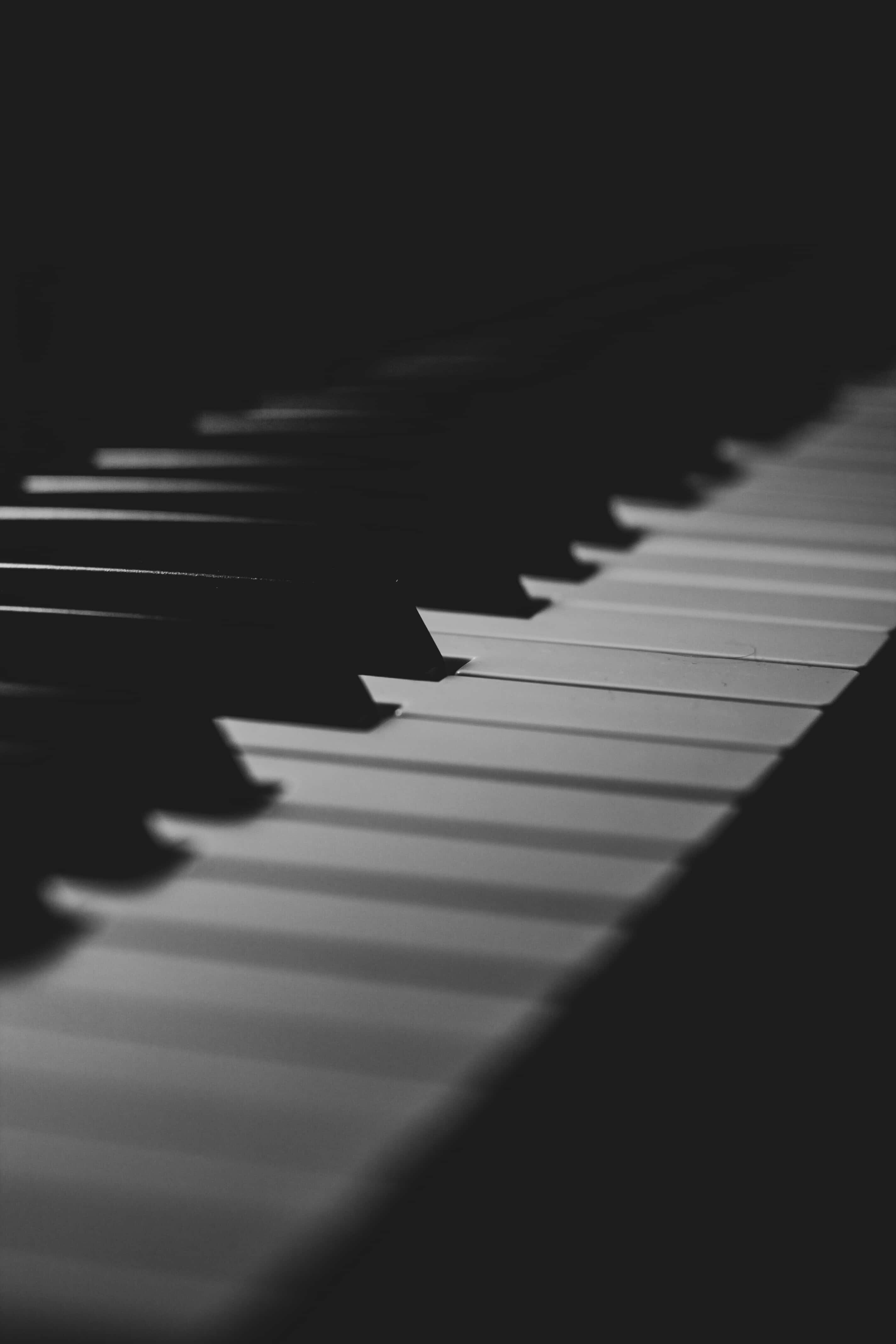 Black And White Piano 桌布 壁紙 — 鋼琴琴鍵的黑白特寫，深沉的陰影和柔和的高光營造出充滿戲劇性的藝術效果。
