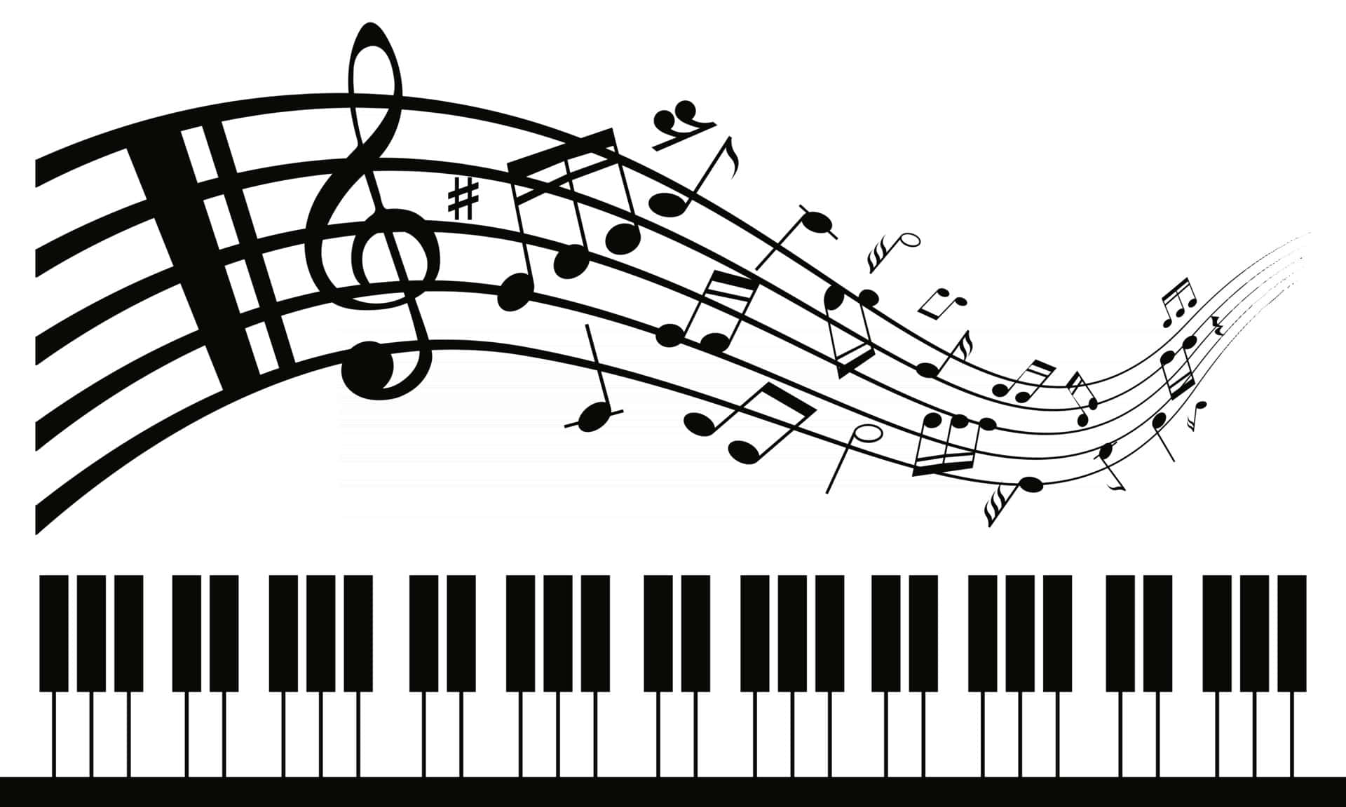 音樂 桌布 壁紙 — 鋼琴鍵的黑白插圖，音符沿曲線向上流動。
