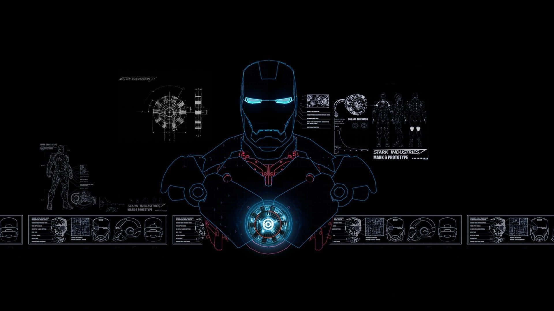 Iron Man Technology 桌布 壁紙 — 鋼鐵人 Mark 8 原型全息圖在黑色背景上發出藍色光芒，周圍漂浮著技術圖紙。