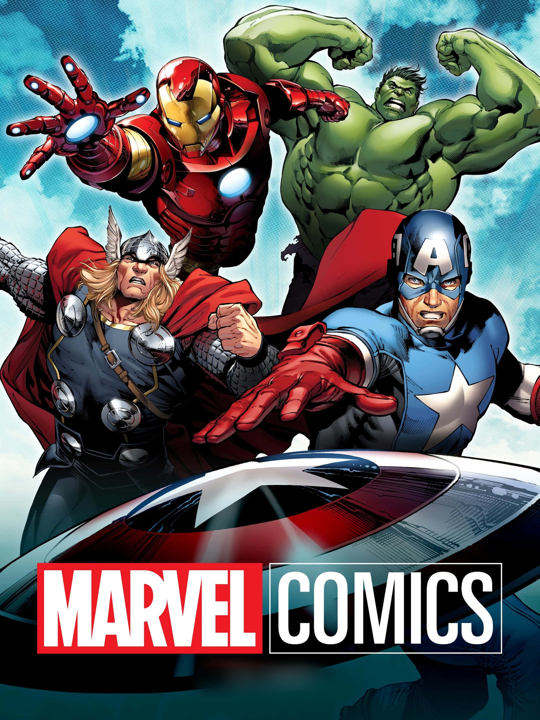 comic 桌布 壁紙 — 鋼鐵人、浩克、索爾和美國隊長在陰雲密佈的天空下英勇地擺出姿勢，美國隊長的盾牌在前景。