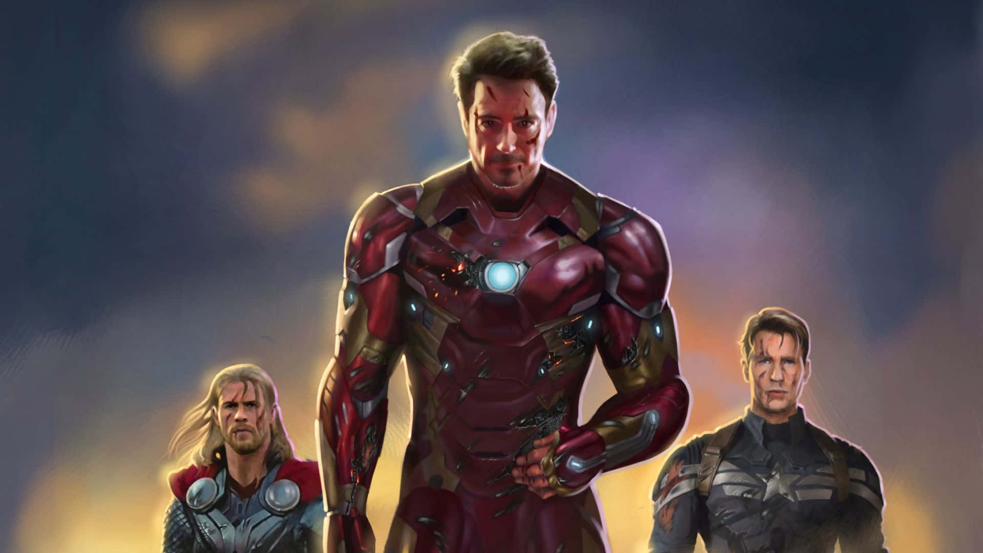 Iron Man Fan Art 桌布 壁紙 — 鋼鐵人、索爾和美國隊長以發光盔甲和堅定的表情，英勇地站在戲劇性的暮色天空下。