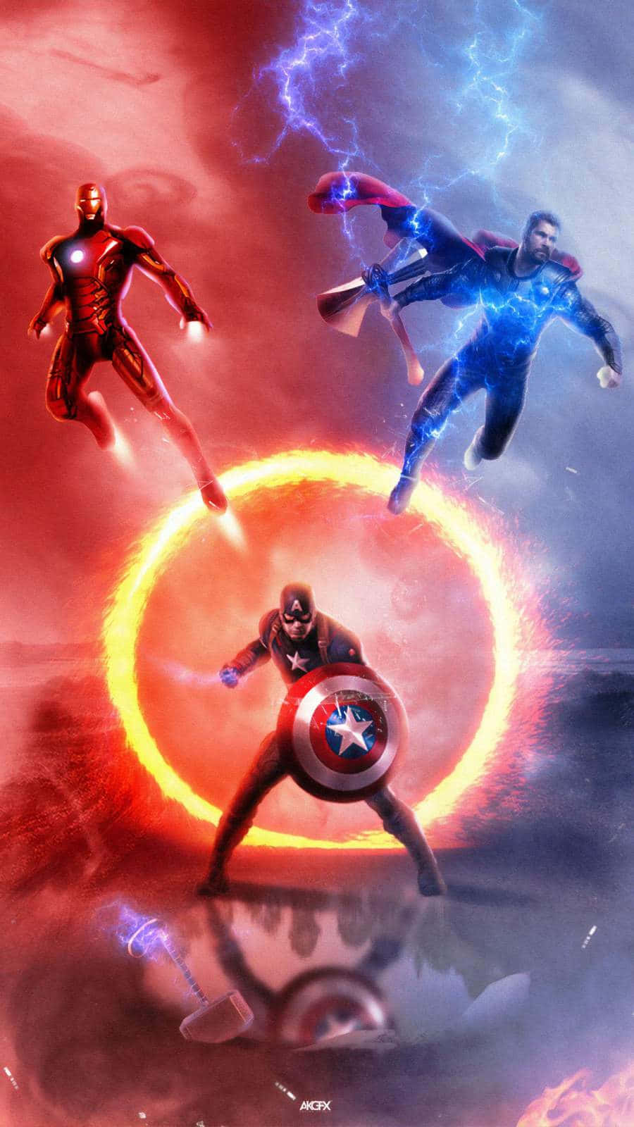 Avengers Endgame iPhone 桌布 壁紙 — 鋼鐵人、索爾和美國隊長在一個充滿閃電和能量環的熾熱宇宙競技場中戰鬥。