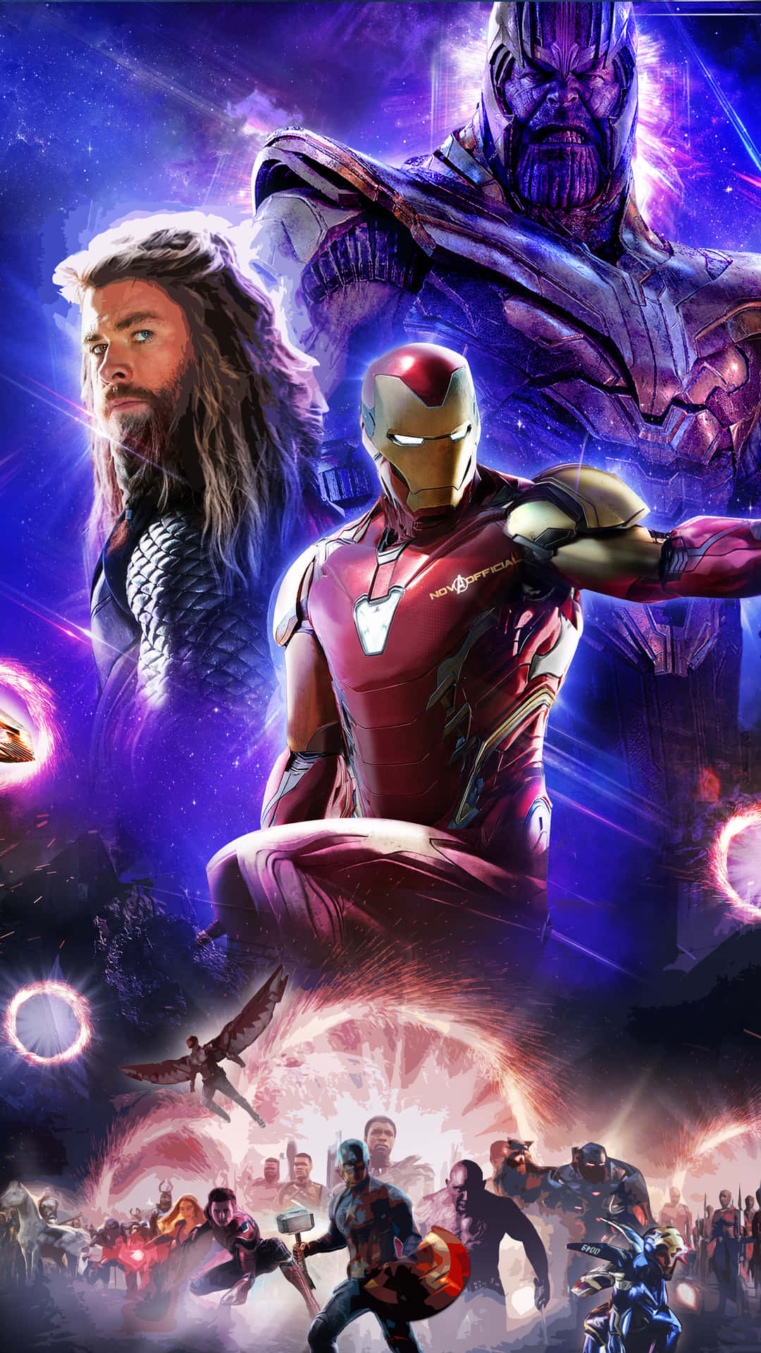 Avengers Endgame iPhone 桌布 壁紙 — 鋼鐵人、索爾和薩諾斯在宇宙戰鬥中碰撞，復仇者聯盟在下方，背景是充滿活力的紫色星雲。