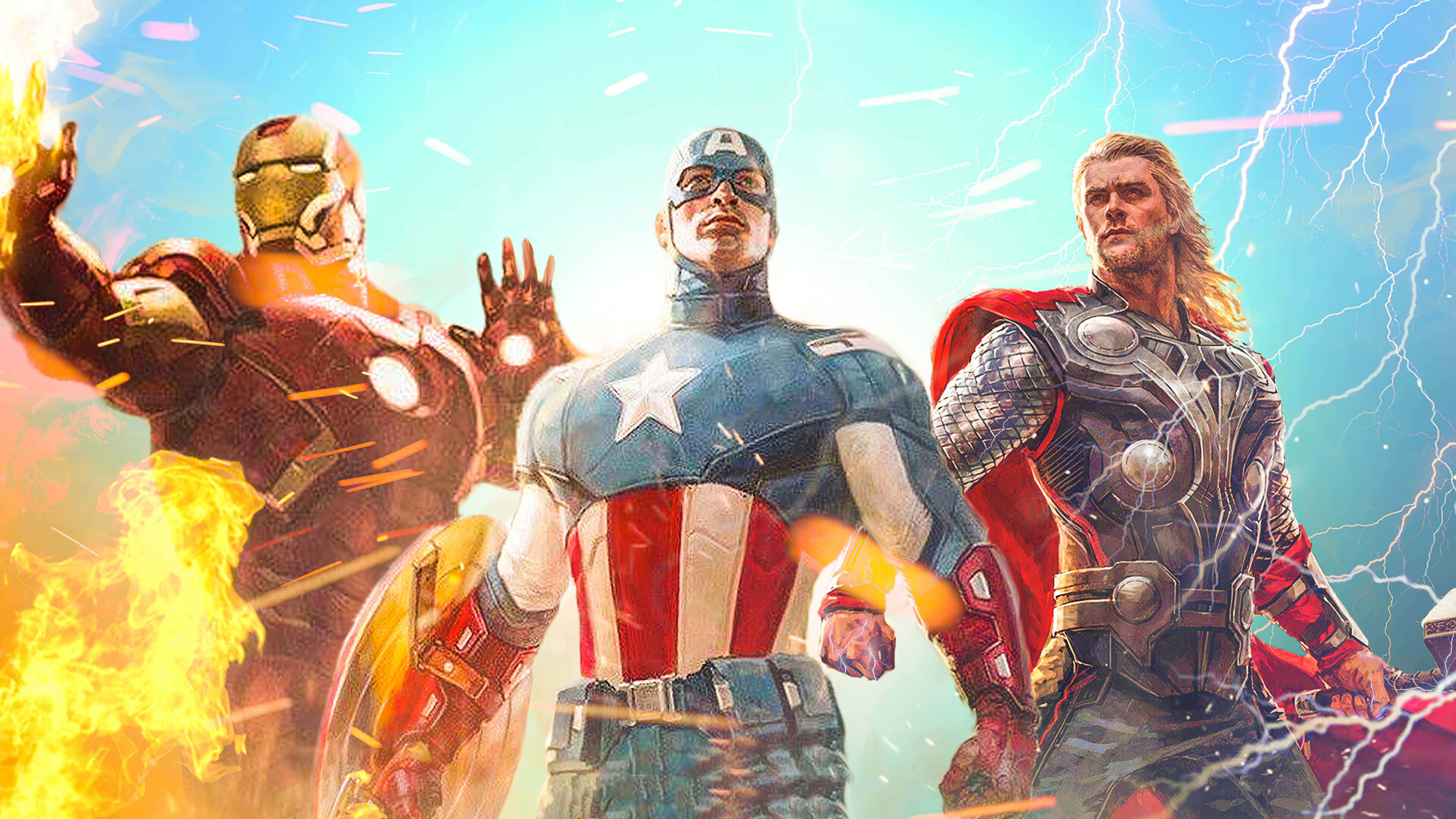 4K Marvel's Avengers 桌布 壁紙 — 鋼鐵人、美國隊長和雷神索爾在明亮的天空下英勇站立，伴隨閃電和火焰效果。