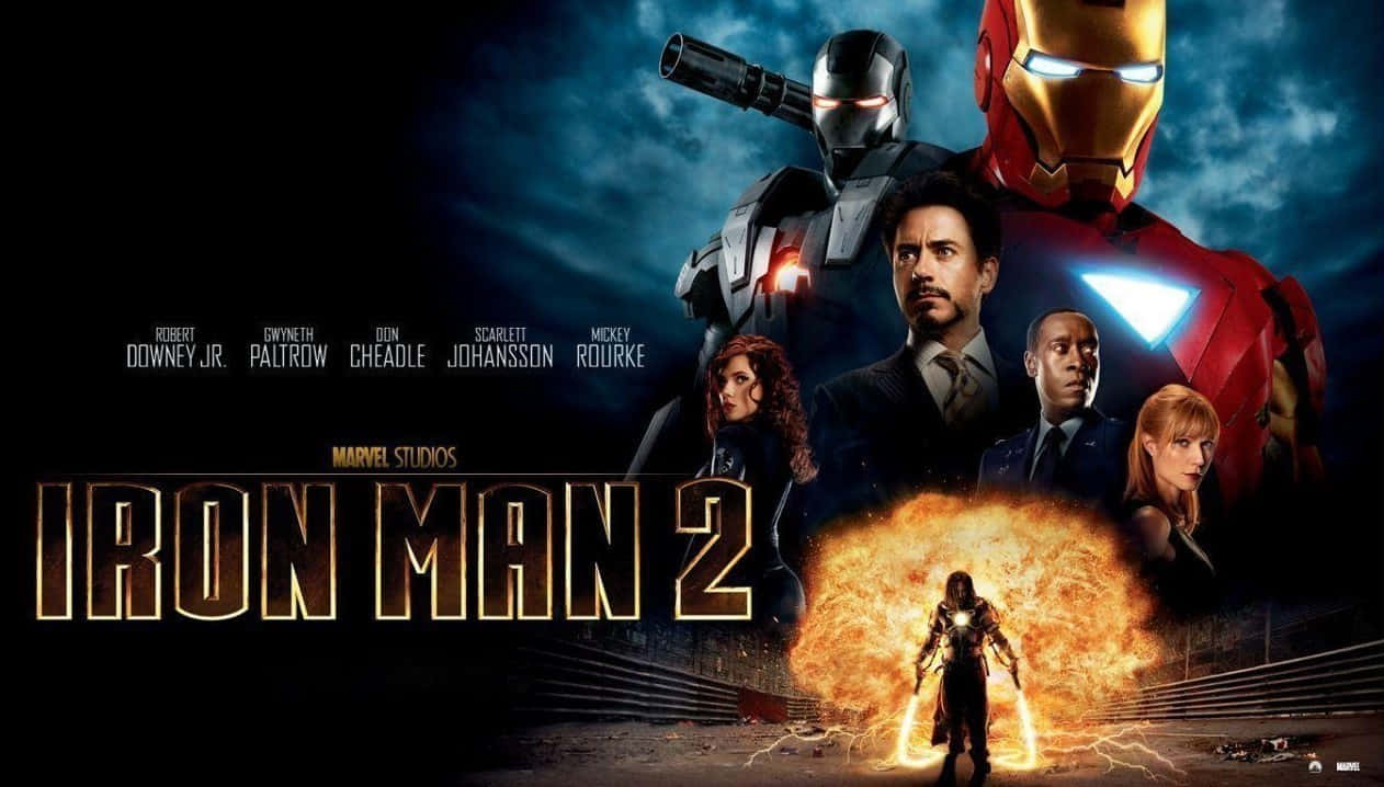 Iron Man Movies 桌布 壁紙 — 鋼鐵人2電影海報，東尼·史塔克穿上裝甲，眼睛發光，下方有猛烈爆炸。