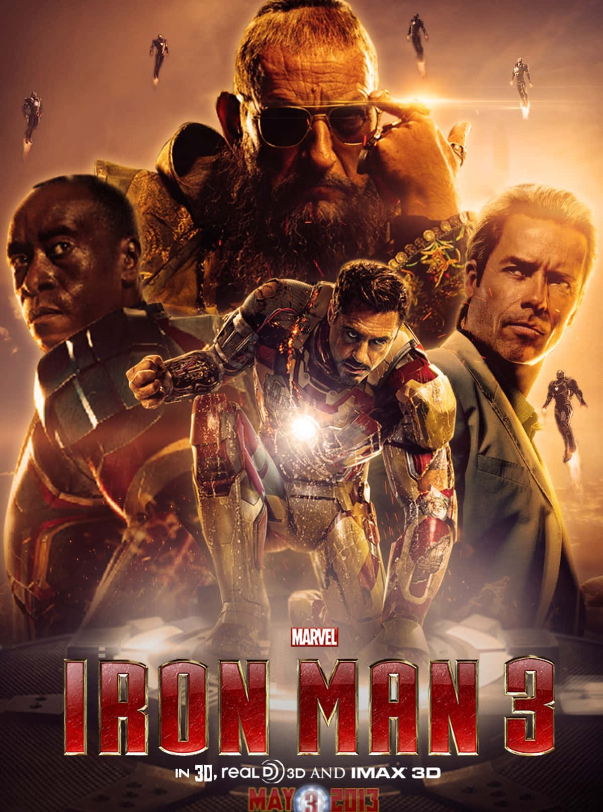 Iron Man Movies 桌布 壁紙 — 鋼鐵人3電影海報，東尼·史塔克身穿裝甲，被關鍵角色包圍，背景是閃耀的金色。