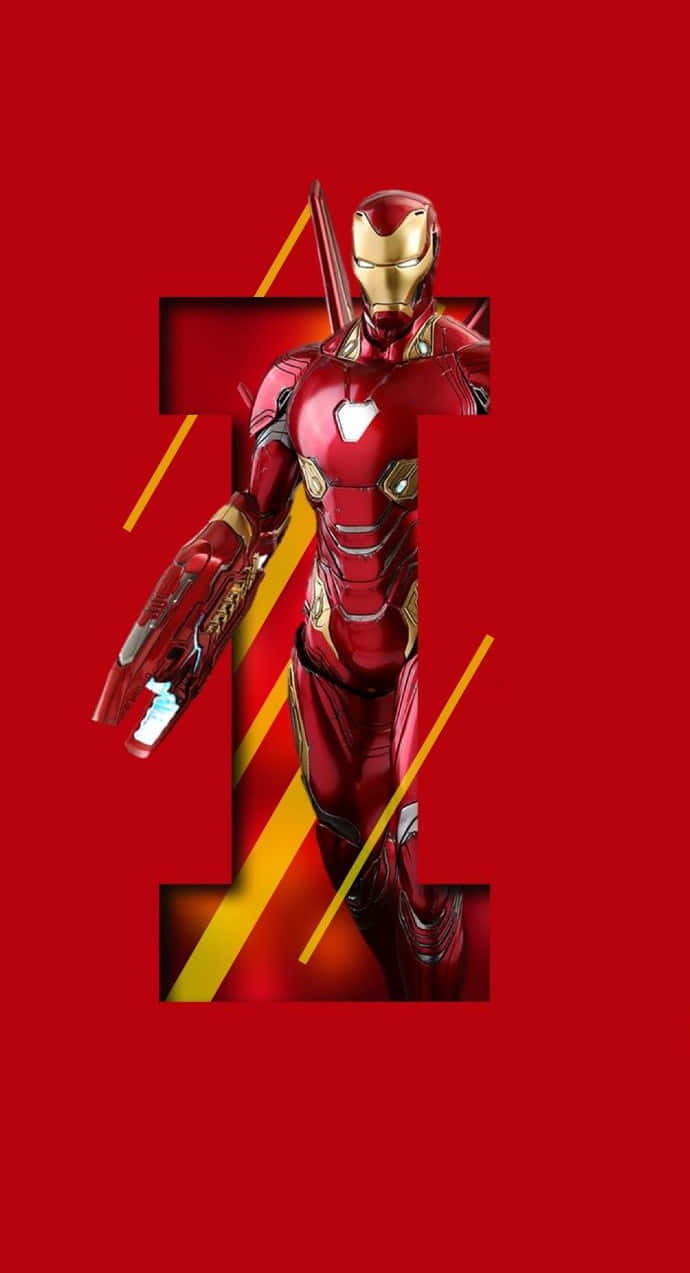 Iron Man Art 桌布 壁紙 — 鋼鐵人以動感姿態站立，由一個風格化的紅色和金色 'I' 框住，背景為純紅色。