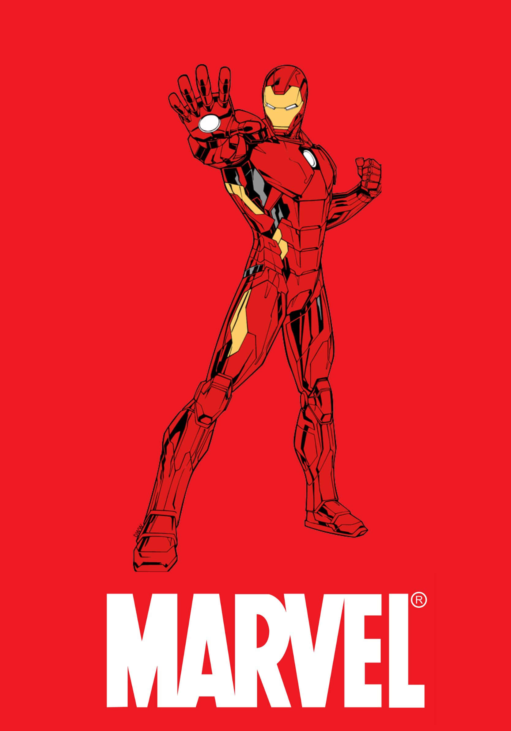 Best Marvel 桌布 壁紙 — 鋼鐵人以標誌性的紅金戰甲英勇站立在純紅色背景前，下方有Marvel標誌。