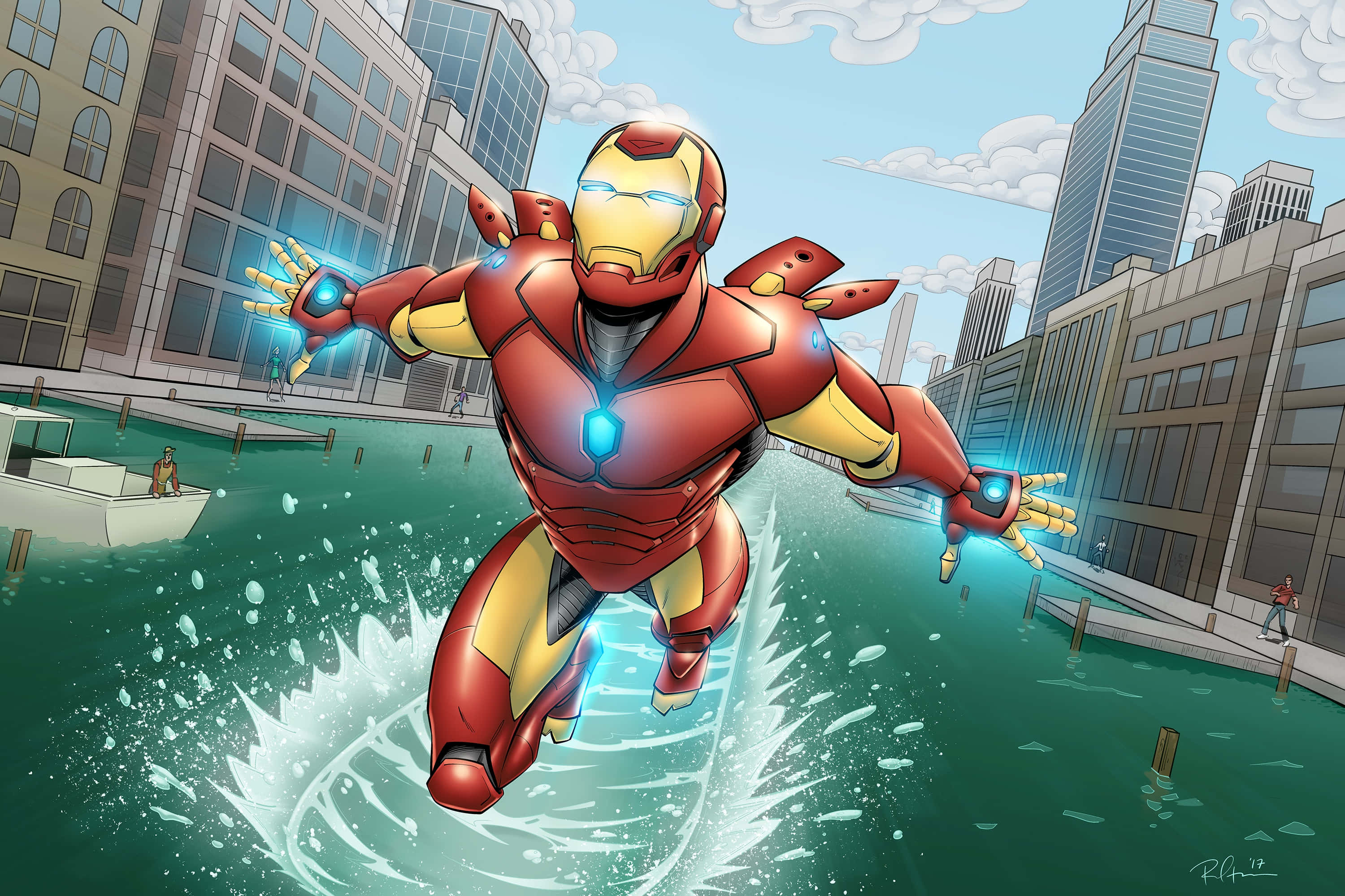 Best Iron Man 桌布 壁紙 — 鋼鐵人低飛越過城市運河，用發光的藍色斥力器噴水，呈現動感漫畫風格。