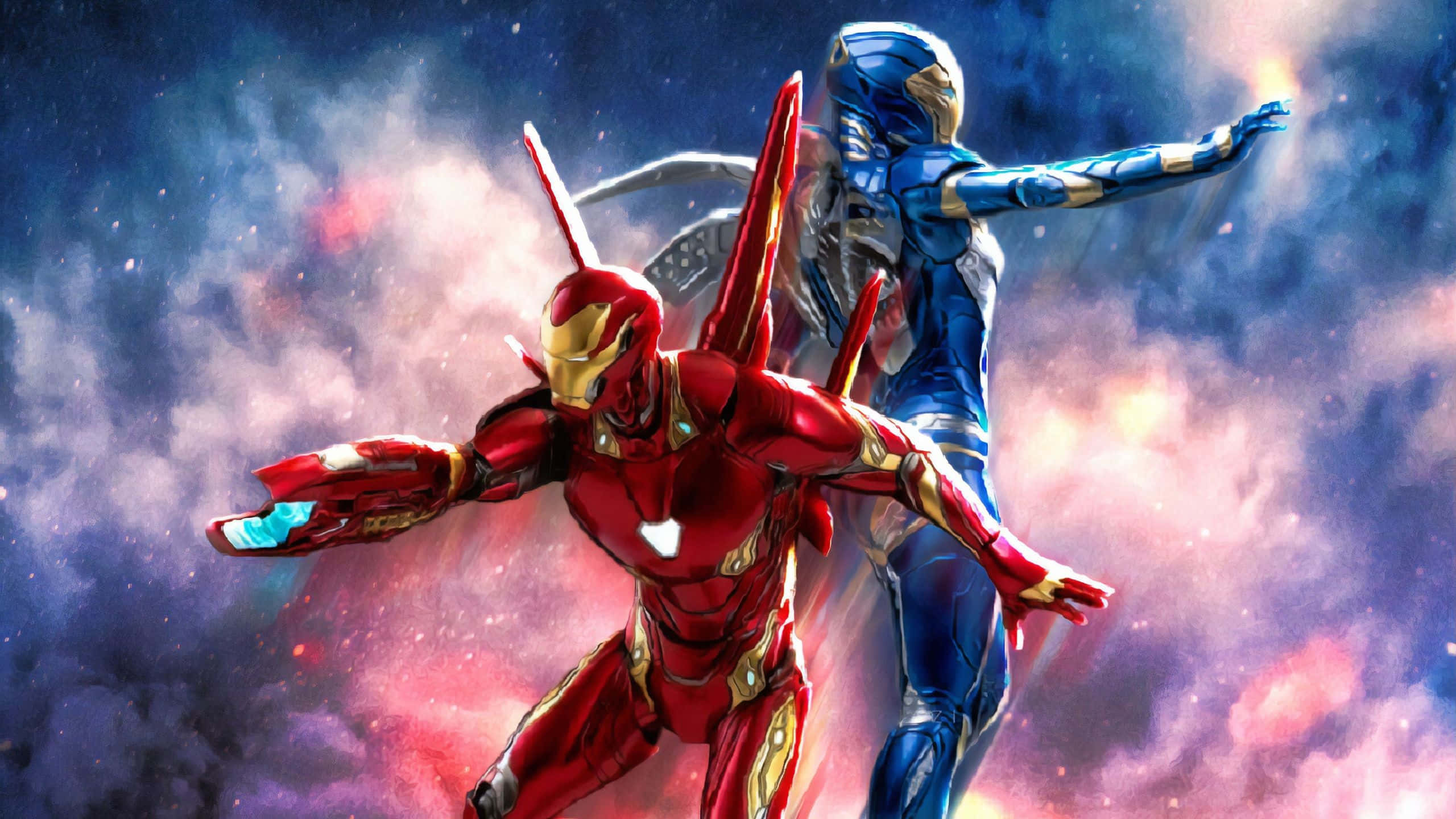 Pepper Potts 桌布 壁紙 — 鋼鐵人和星爵動態地飛過充滿旋轉粉紅色、紫色和藍色雲朵的鮮豔宇宙星雲。