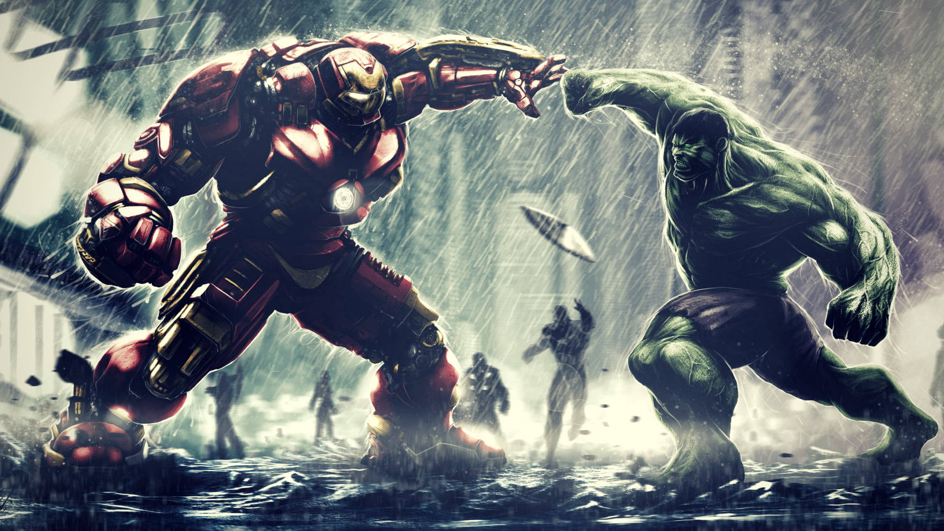 Marvel Avengers 桌布 壁紙 — 鋼鐵人和浩克在濕透的都市戰場上衝突，碎片飛揚，遠處的人物在觀看。