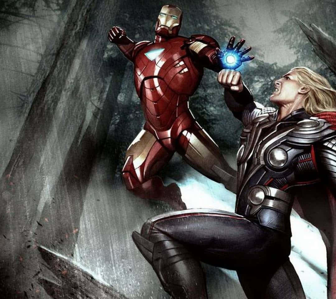Iron Man Vs Thor 桌布 壁紙 — 鋼鐵人和索爾在風暴中的岩石景觀中，以發光的斥力炮和錘子展開戲劇性的戰鬥。