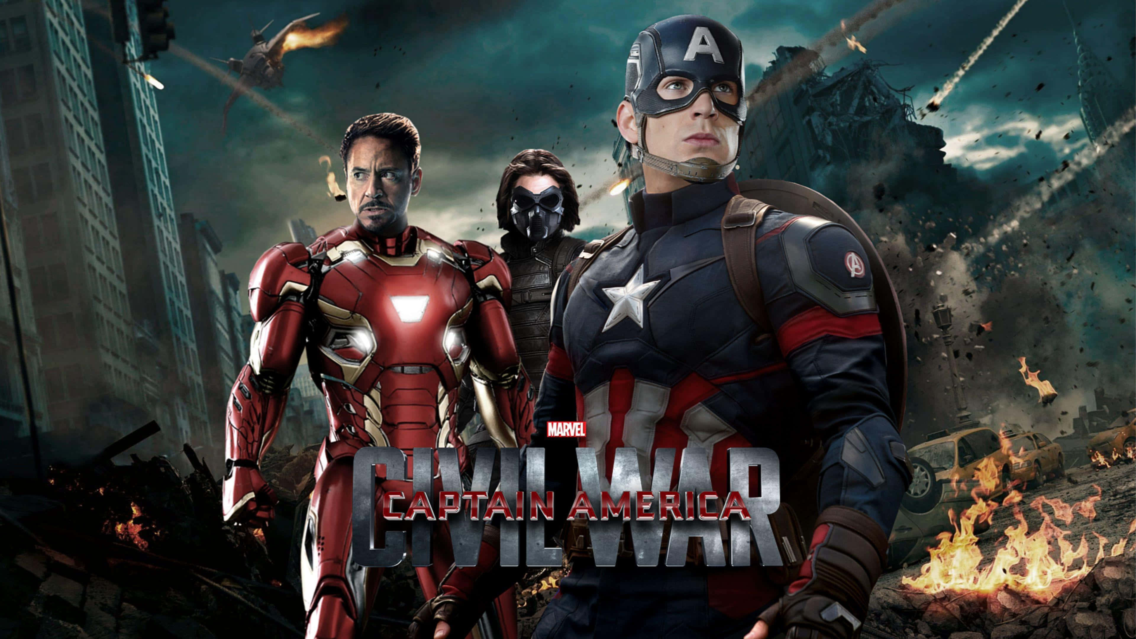 Iron Man Vs Captain America 桌布 壁紙 — 鋼鐵人和美國隊長在戰火摧殘的城市景觀中堅定站立，爆炸和碎片在他們周圍飛舞。