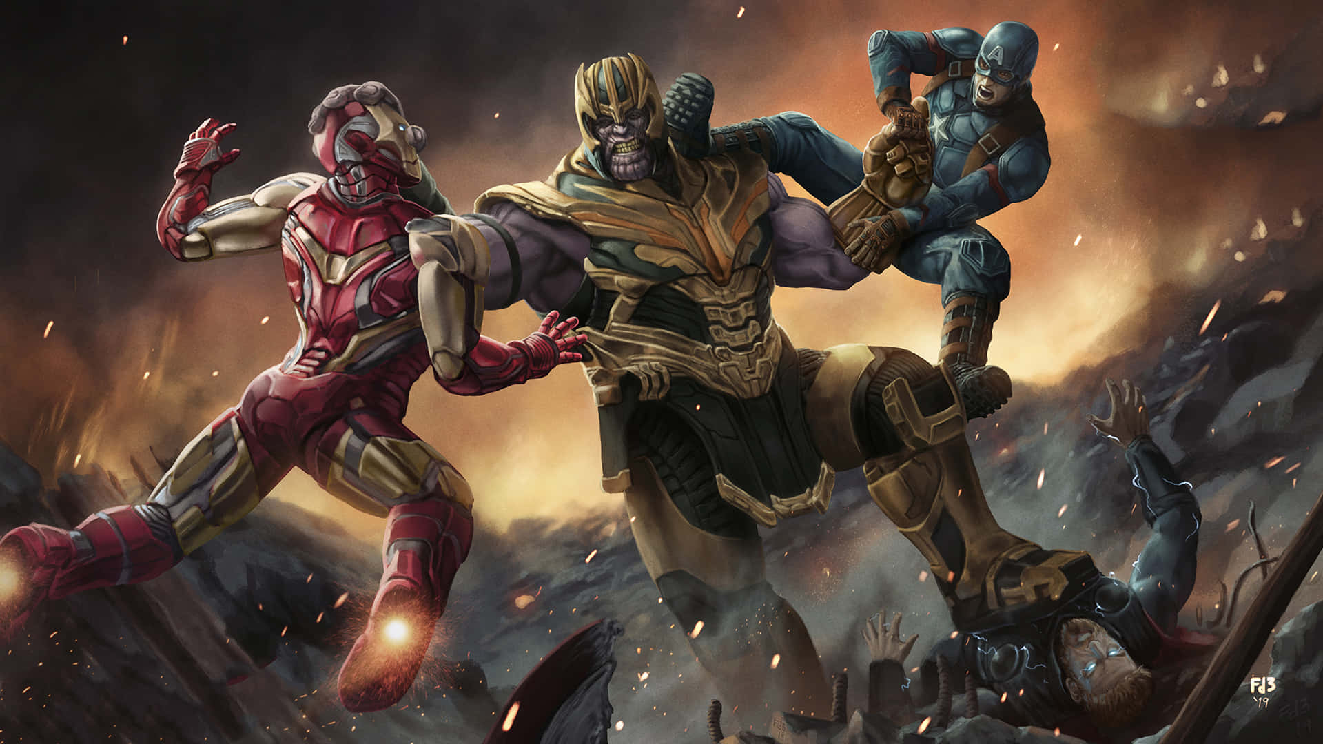Endgame 桌布 壁紙 — 鋼鐵人和美國隊長在熾熱的瓦礫和崩塌的廢墟中與薩諾斯戰鬥，上演一場戲劇性的超級英雄對決。