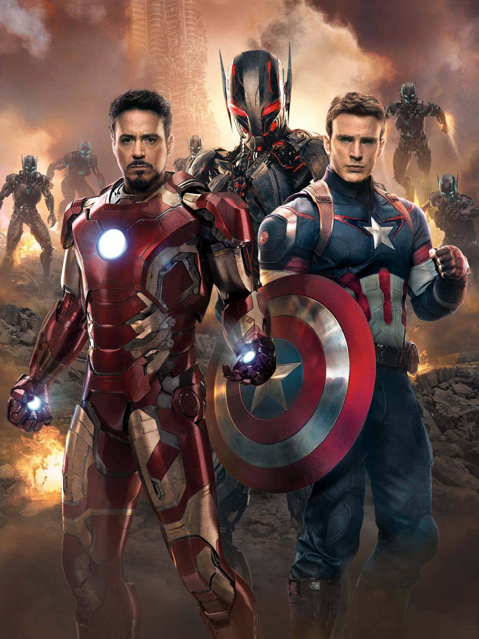 Captain America Android 桌布 壁紙 — 鋼鐵人和美國隊長身著戰鬥裝備，在熾熱的城市戰場中準備就緒，身後有其他裝甲英雄。