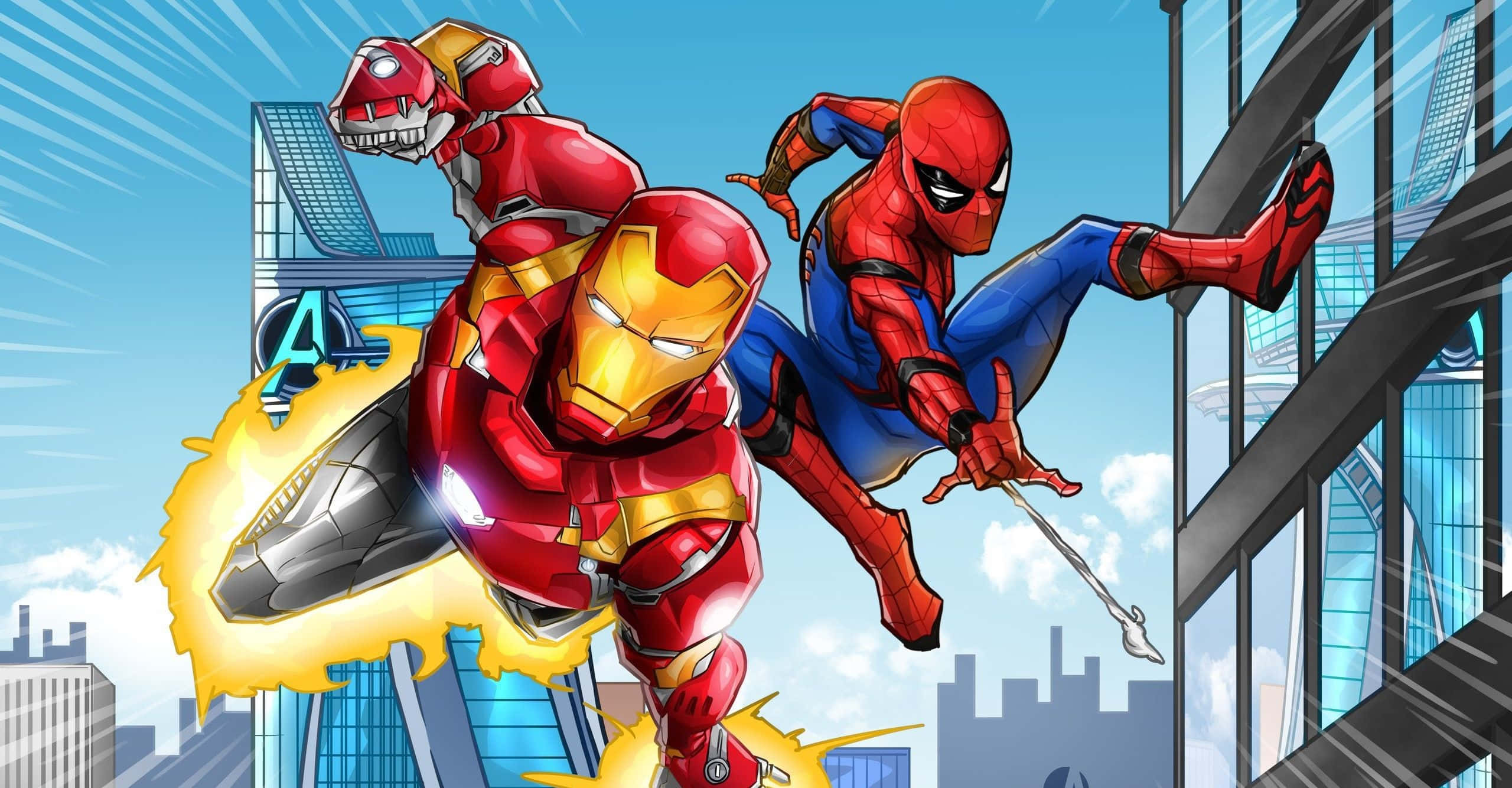 Iron Man And Spider-man 桌布 壁紙 — 鋼鐵人和蜘蛛人在明亮的城市景觀中動態跳躍，帶有漫畫風格的速度線和能量爆發。