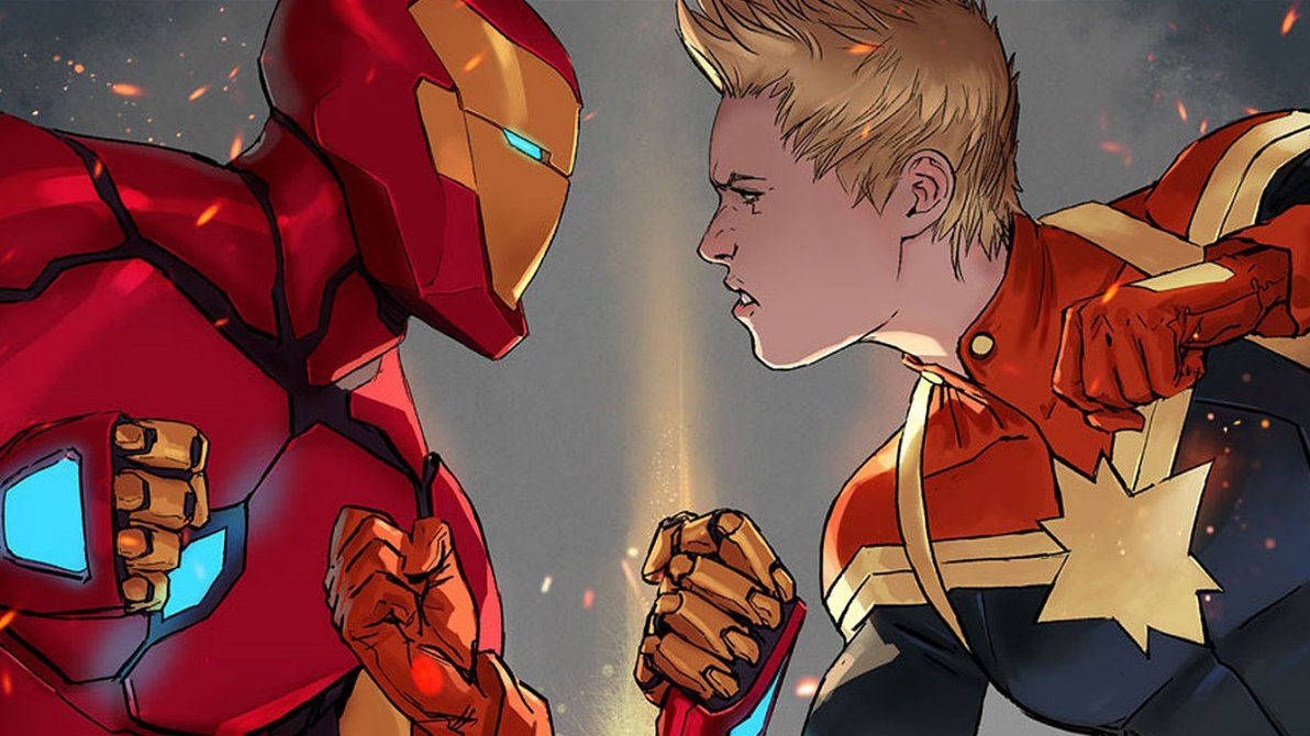 Captain Marvel 桌布 壁紙 — 鋼鐵人和驚奇隊長在緊張的對峙中，火花四濺。