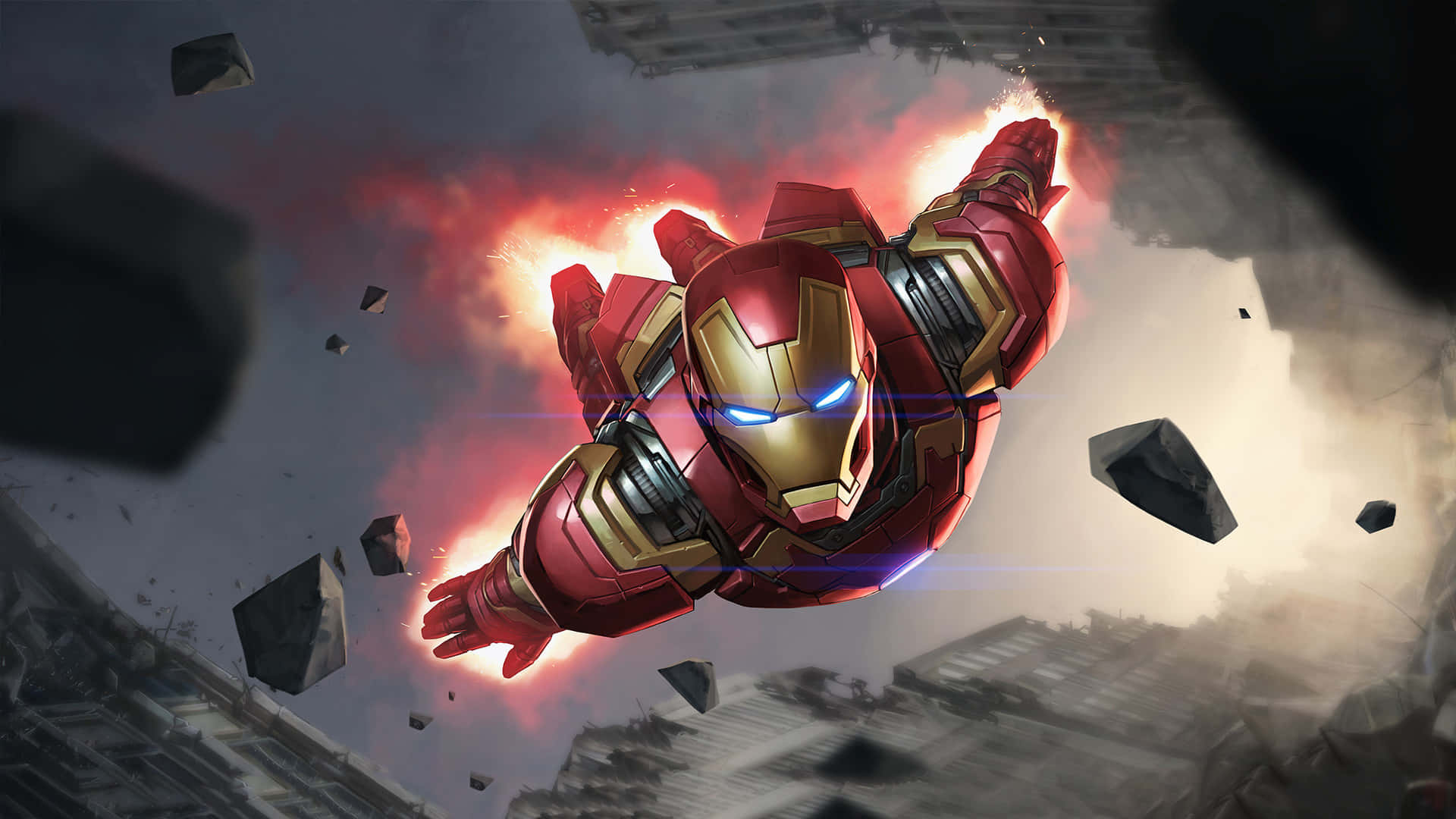 Iron Man Fan Art 桌布 壁紙 — 鋼鐵人在 crumbling 的城市景觀中翱翔，碎片在他發光的 repulsors 周圍飛舞。