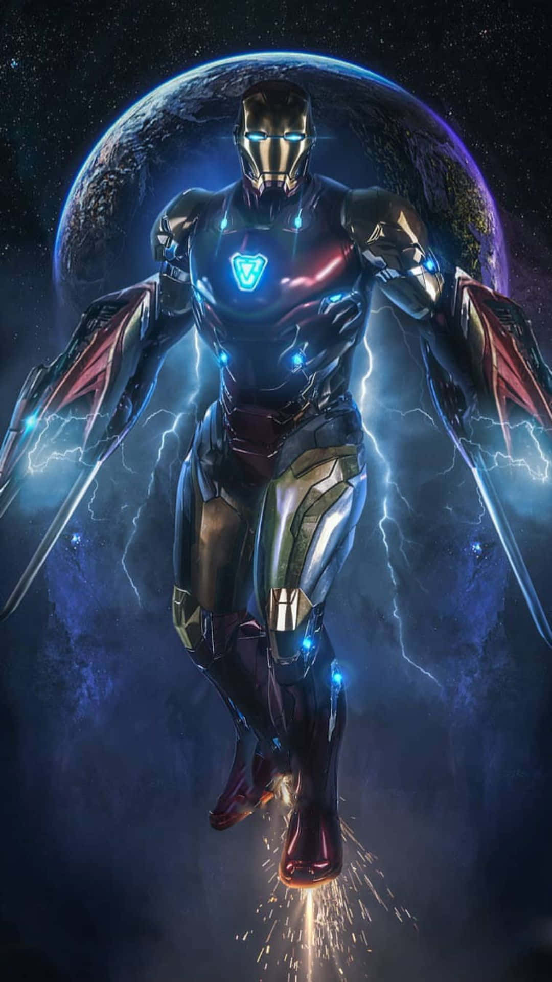 Android Iron Man 桌布 壁紙 — 鋼鐵人在宇宙空間翱翔，閃電在他戰衣周圍劈啪作響，背景是行星。