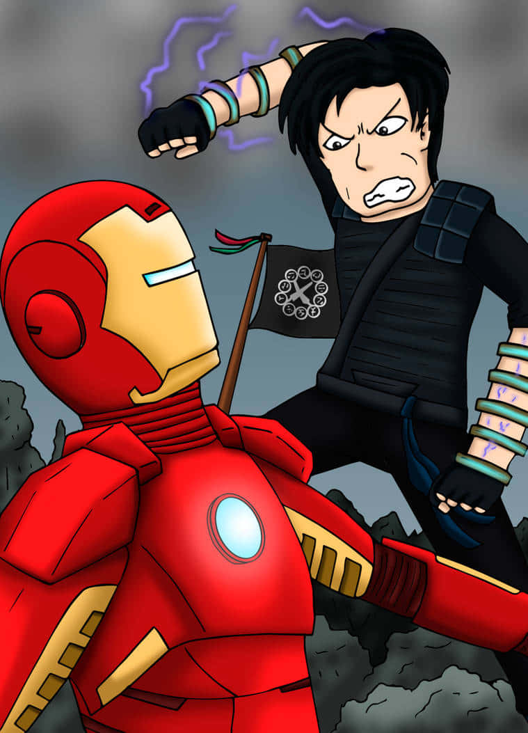 Iron Man Villains 桌布 壁紙 — 鋼鐵人在岩石遍佈的暴風雨戰鬥場景中，與一名身穿暗色服裝、戴著發光手鐲並伴隨閃電的戰士對峙。