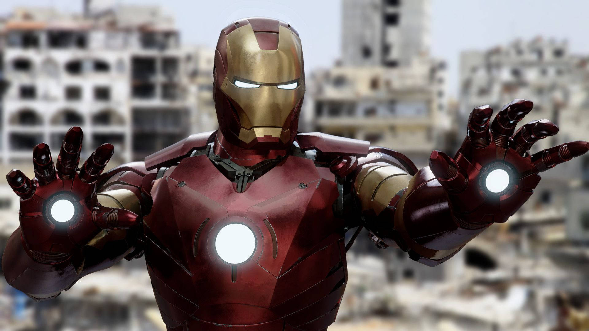 Iron Man Mark 3 桌布 壁紙 — 鋼鐵人在廢墟城市中英勇站立，雙手和胸口反應爐發光。