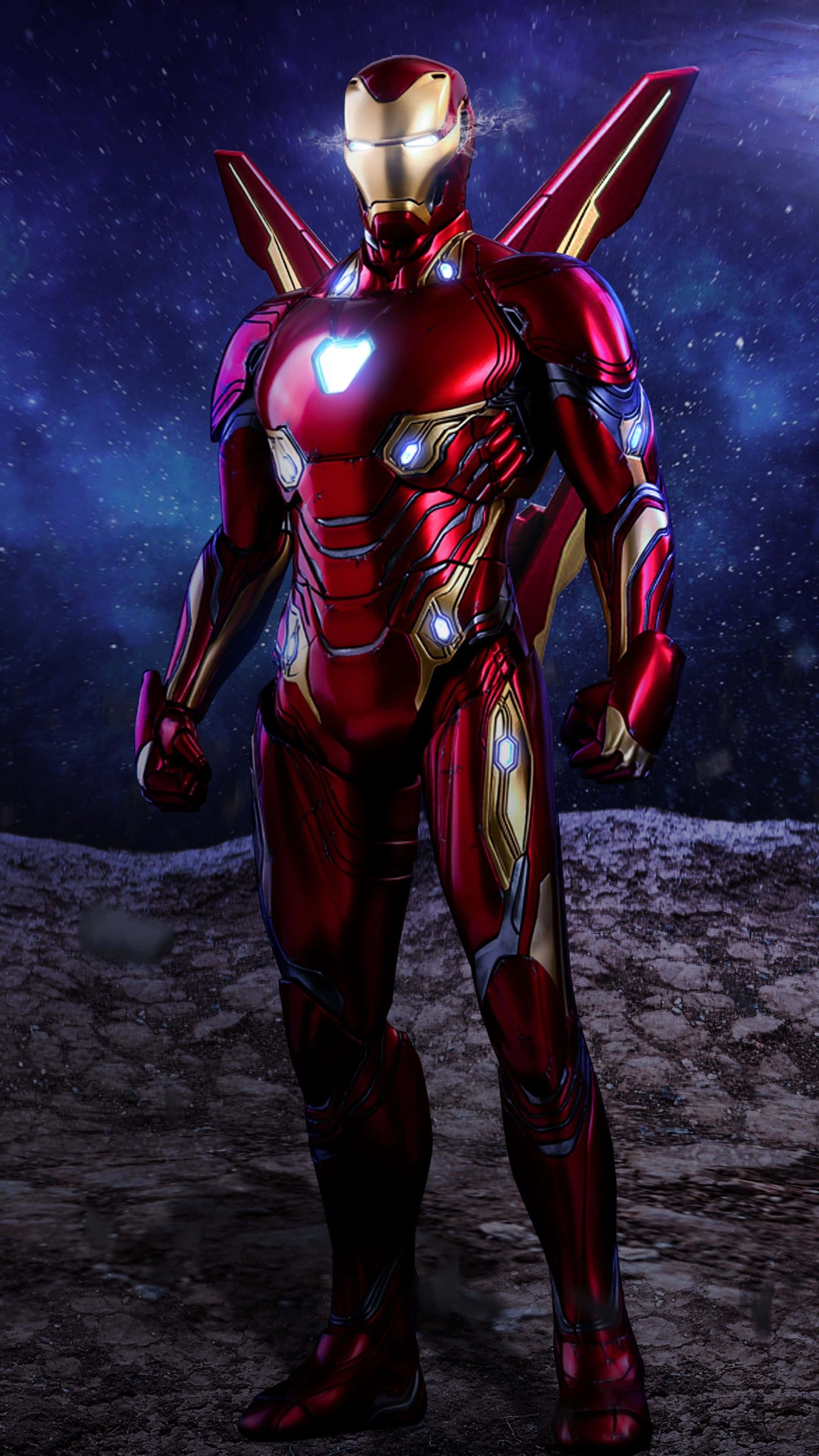 Iron Man Suit 桌布 壁紙 — 鋼鐵人在星光燦爛的宇宙天空下，英雄般地站在岩石月球表面，發光的弧形反應器和斥力器閃爍。