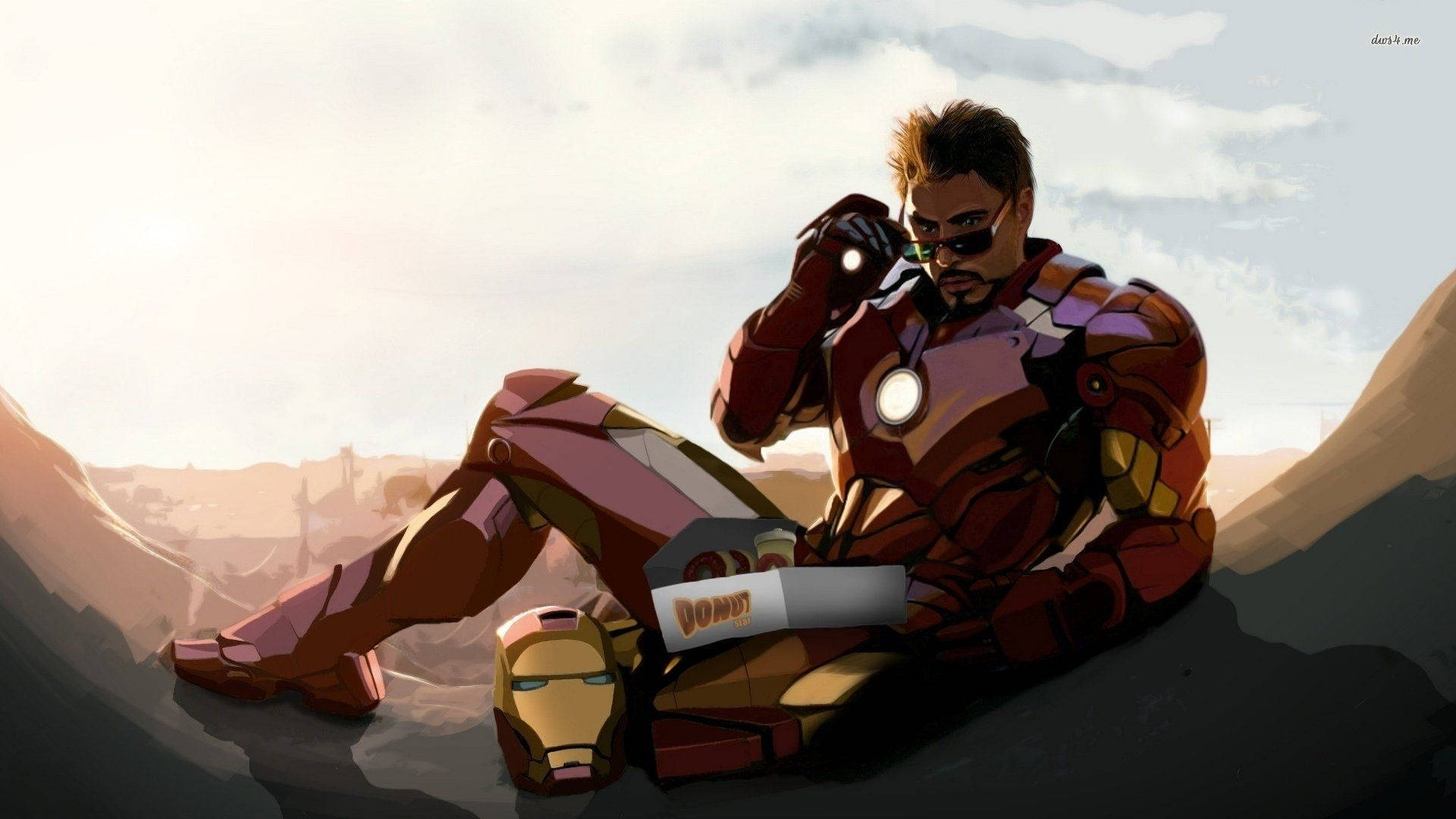 tony stark 桌布 壁紙 — 鋼鐵人在晴朗的天空下坐在岩石露頭上，穿著盔甲吃著甜甜圈放鬆。