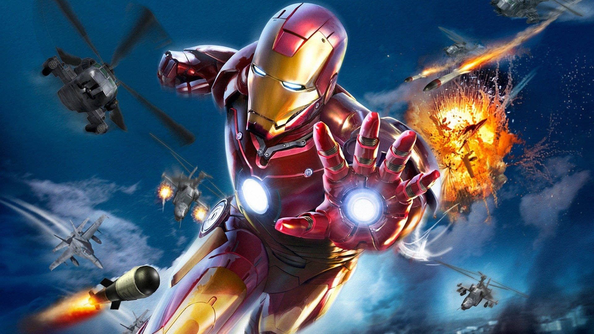 Iron Man Full HD 桌布 壁紙 — 鋼鐵人在暴風天空下穿梭於爆炸和戰鬥機之間，展開一場高強度的戰鬥場景。