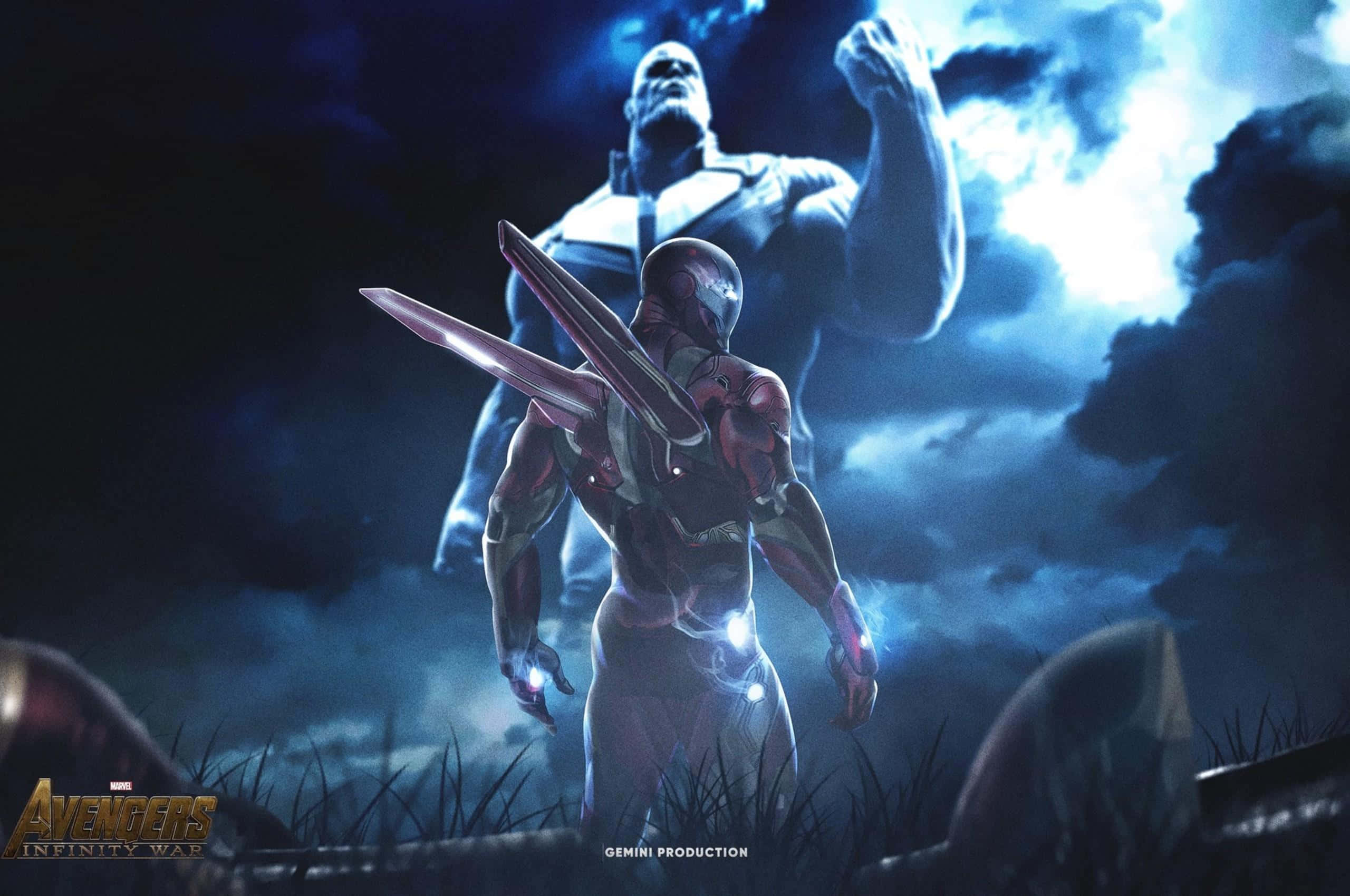 Iron Man Vs Thanos 桌布 壁紙 — 鋼鐵人在暴風雨田野中挑釁地站立，巨大的薩諾斯在深藍色天空下隱現於他身後。