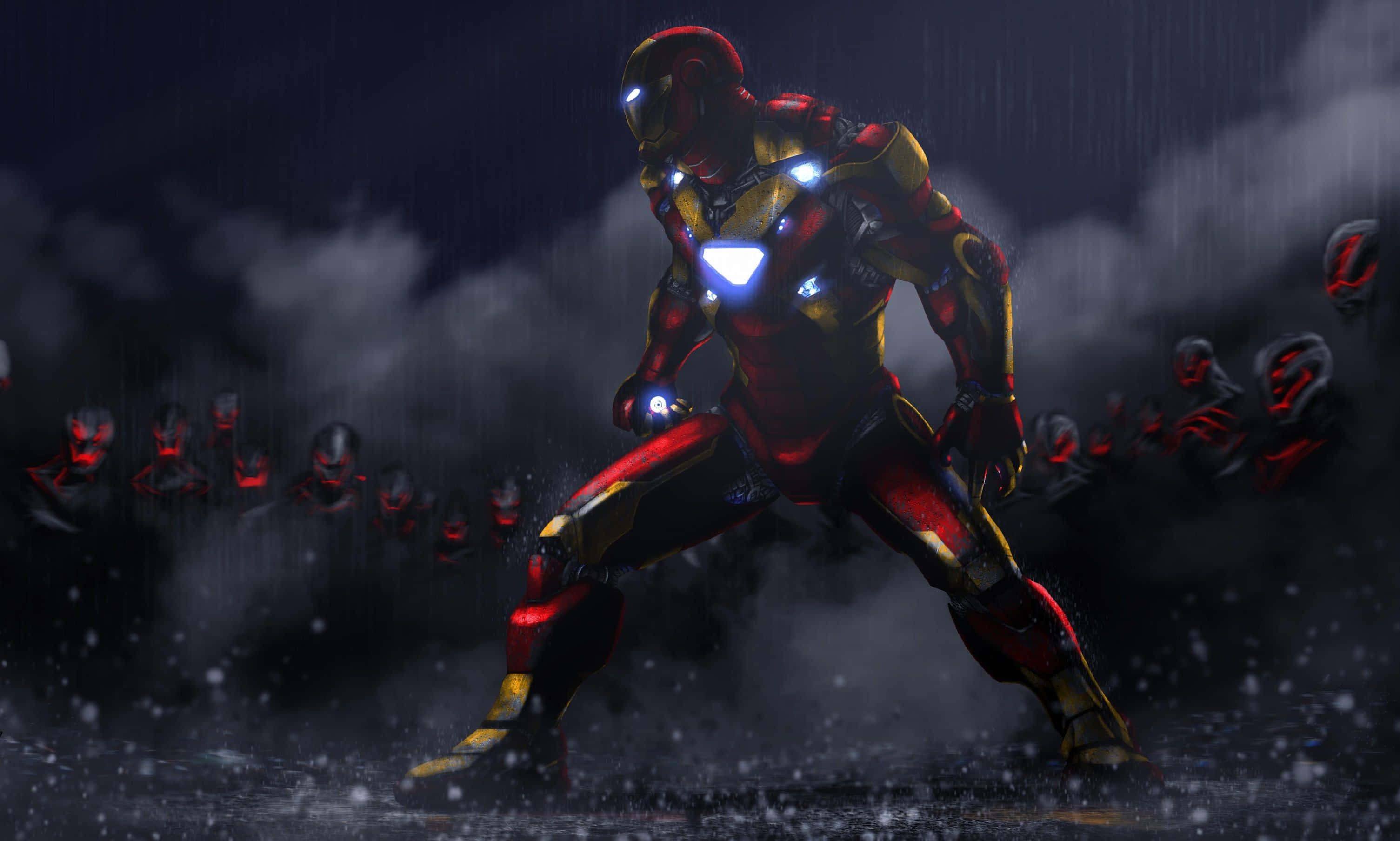 Iron Man Art 桌布 壁紙 — 鋼鐵人在暴風雨的夜雨中挑釁地站立，而發光的紅色敵人身影從他背後的迷霧中出現。