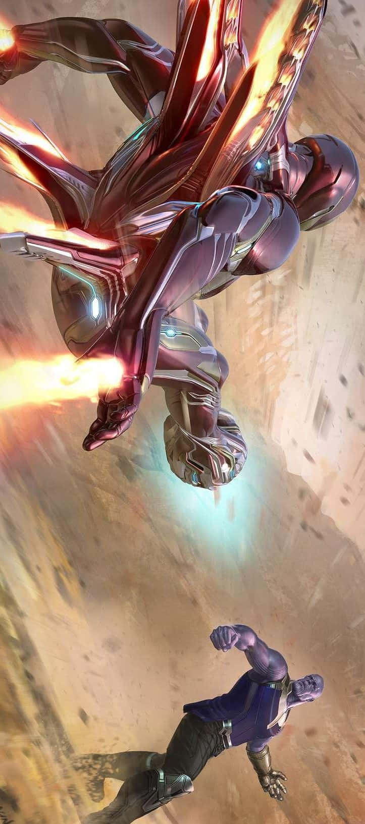 Iron Man And Thanos 桌布 壁紙 — 鋼鐵人在沙漠天空中翱翔，發射斥力炮，而薩諾斯在下方墜落，上演一場戲劇性的空中對決。