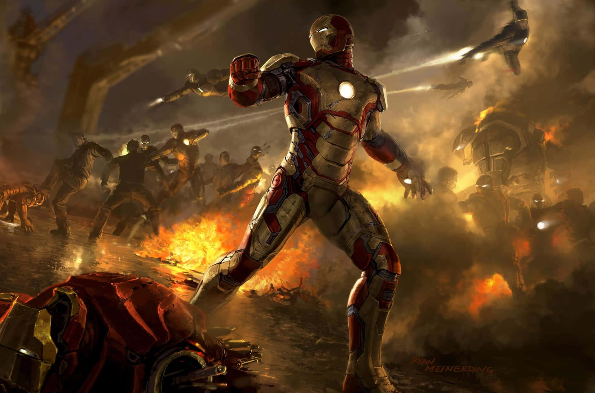 Best Iron Man 桌布 壁紙 — 鋼鐵人在烈焰戰場上屹立不搖，敵人步步進逼，戰機從頭頂呼嘯而過。
