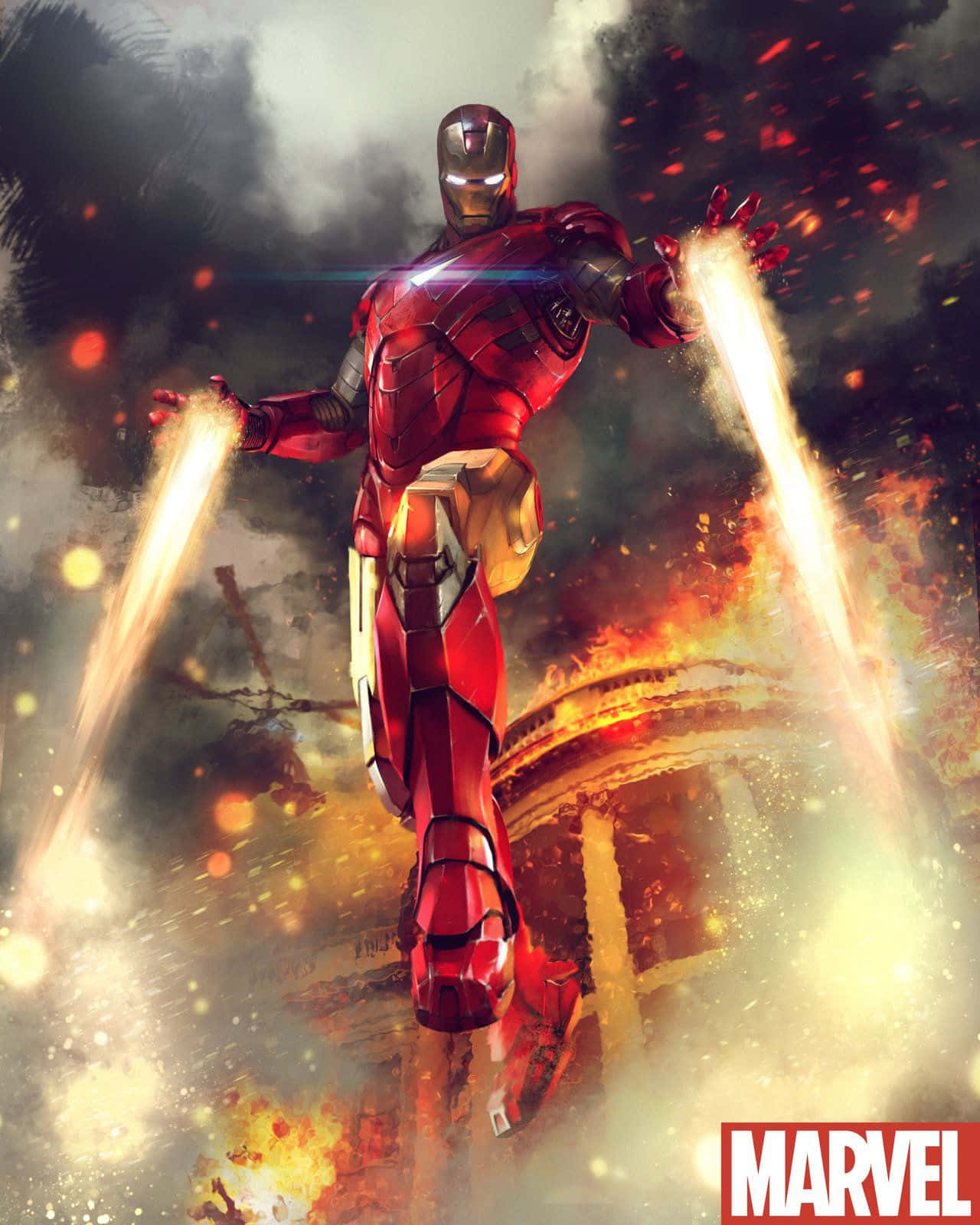 Iron Man Fan Art 桌布 壁紙 — 鋼鐵人在烈焰混亂中翱翔，掌心發出斥力光束，對抗煙霧瀰漫的戰場。