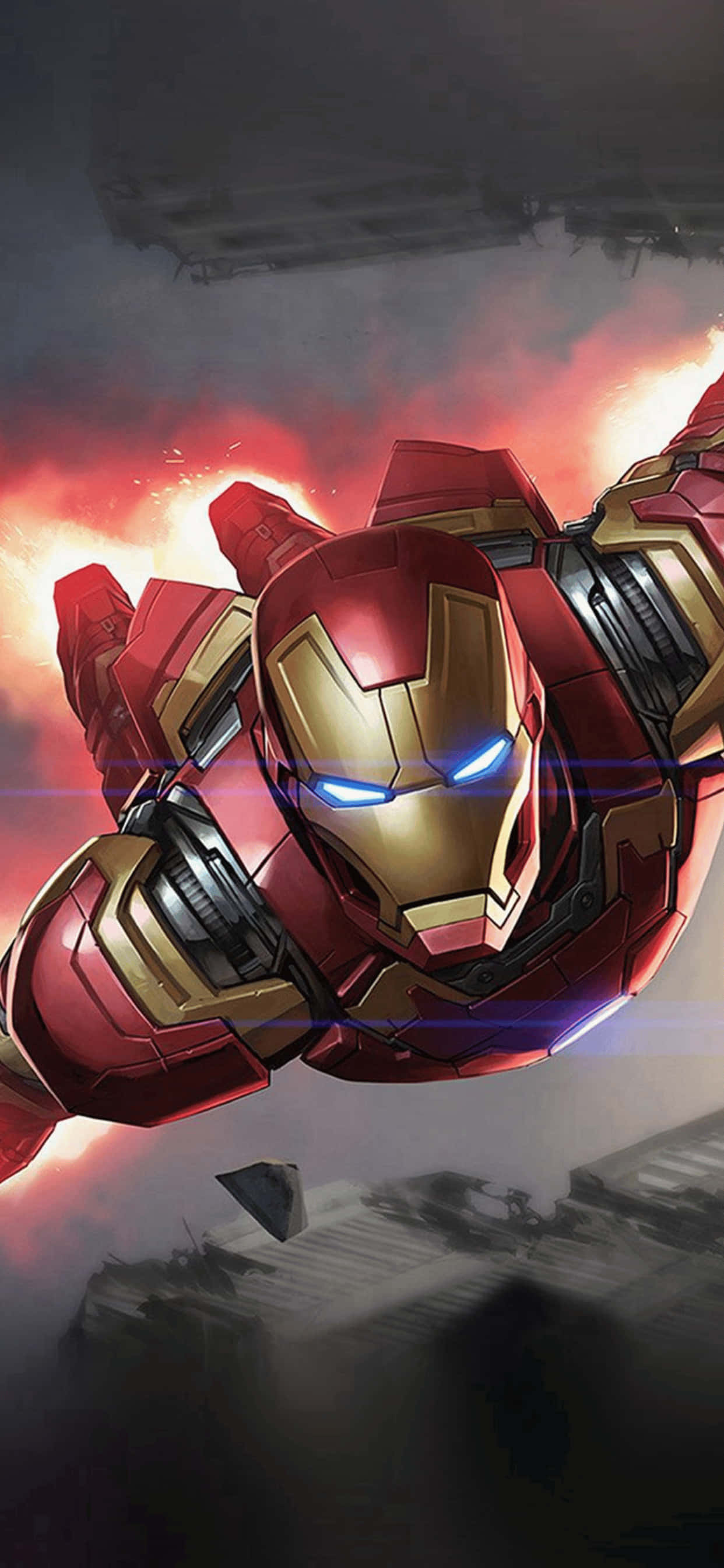 iPhone Xs Max Marvel 桌布 壁紙 — 鋼鐵人在煙霧和碎片背景下，以發光的藍色眼睛和紅金色盔甲翱翔於火熱的天空中。