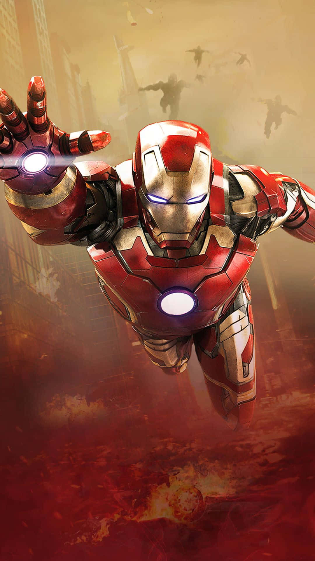 Android Iron Man 桌布 壁紙 — 鋼鐵人在熾熱的城市戰場中翱翔，帶有發光的斥力炮和霧中的剪影敵人。