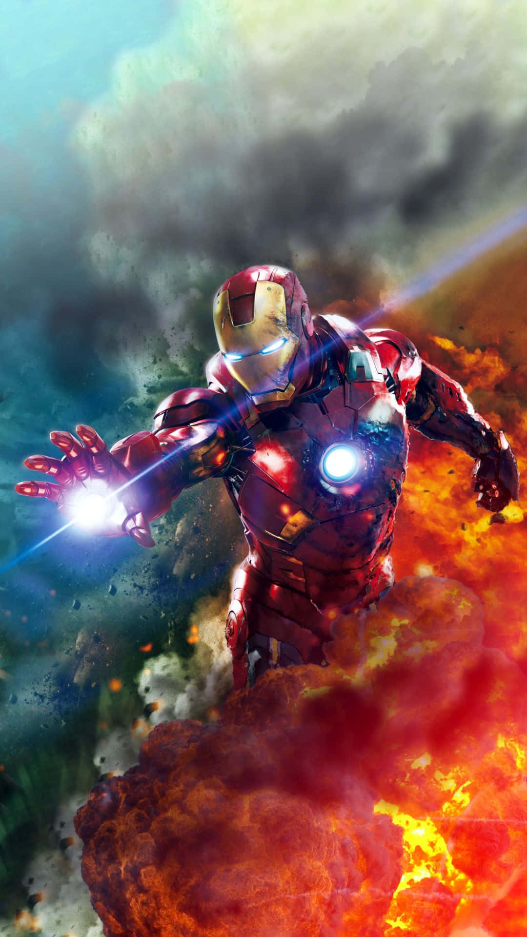 Android Iron Man 桌布 壁紙 — 鋼鐵人在熾熱的爆炸中翱翔，伴隨著發光的斥力炮和煙霧瀰漫的背景。