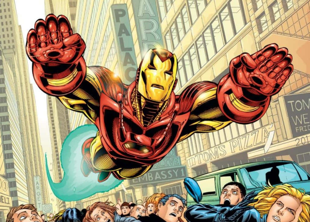 Iron Man Comics 桌布 壁紙 — 鋼鐵人在繁忙的城市街道上張開雙臂翱翔，下方圍觀者驚嘆不已。