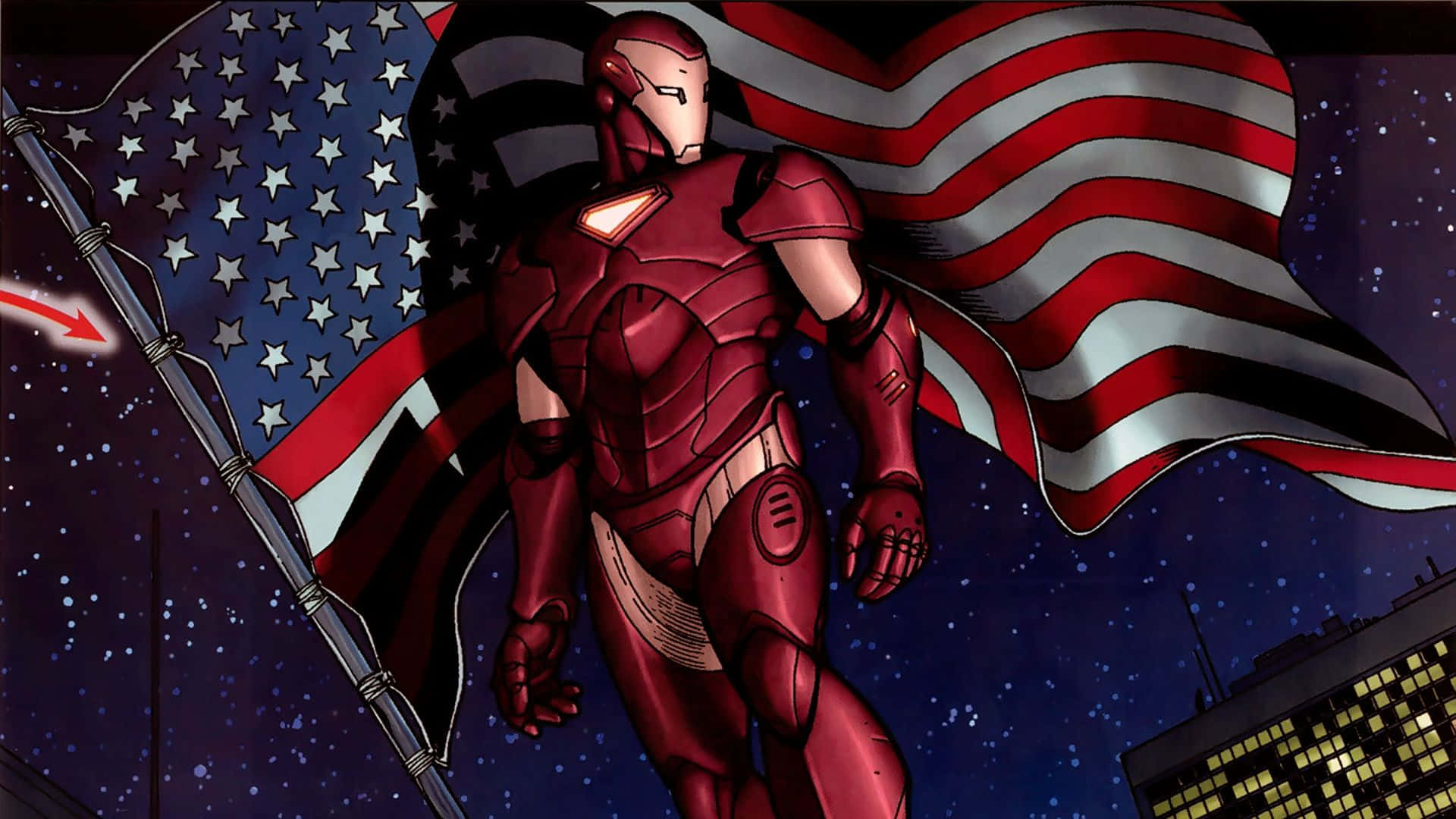 Iron Man Comics 桌布 壁紙 — 鋼鐵人在繁星點點的夜空下英勇站立，手持美國國旗，下方是城市景觀。