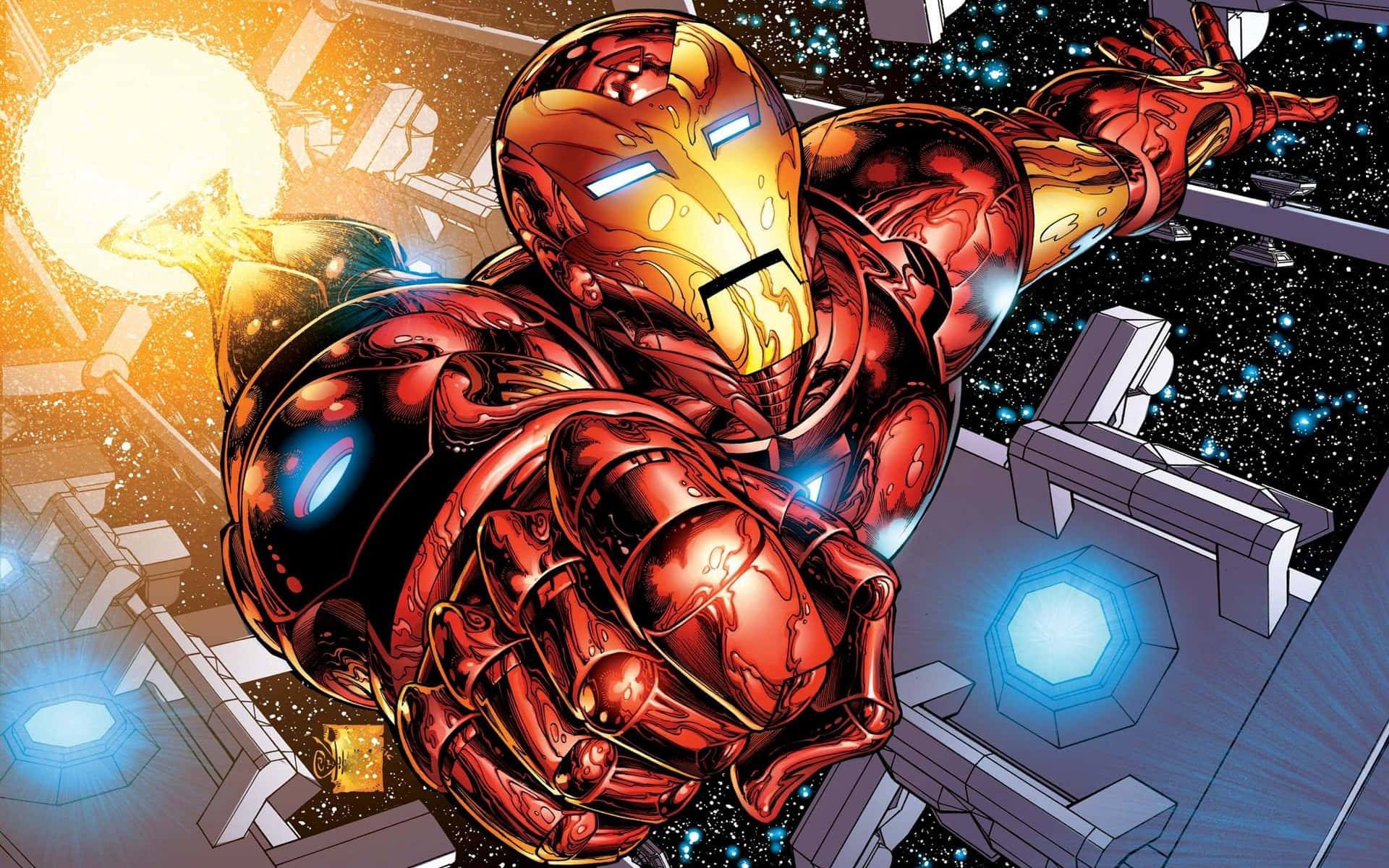 Iron Man Comics 桌布 壁紙 — 鋼鐵人在繁星點點的太空翱翔，從手套中發射斥力炮，周圍是未來風格的碎片。