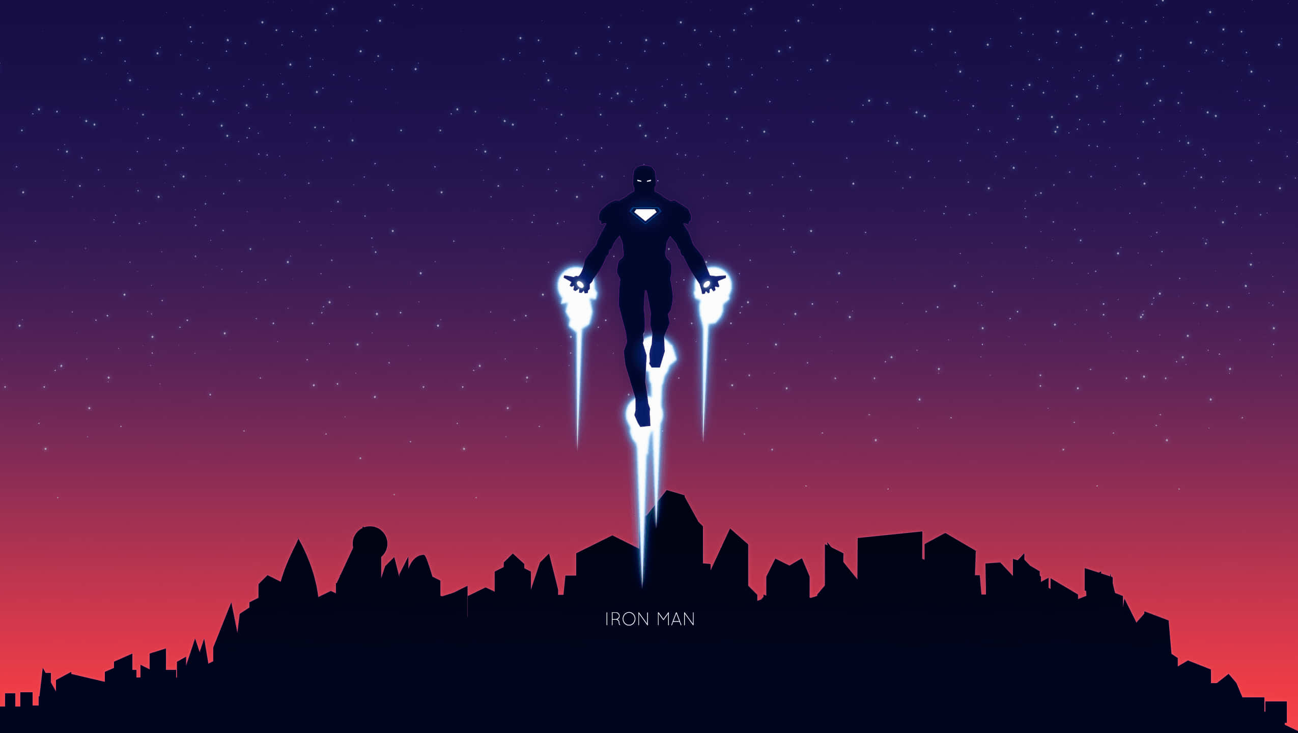 Best Iron Man 桌布 壁紙 — 鋼鐵人在繁星點點的暮色天空中，於城市天際線上方盤旋，發出發光的斥力炮。