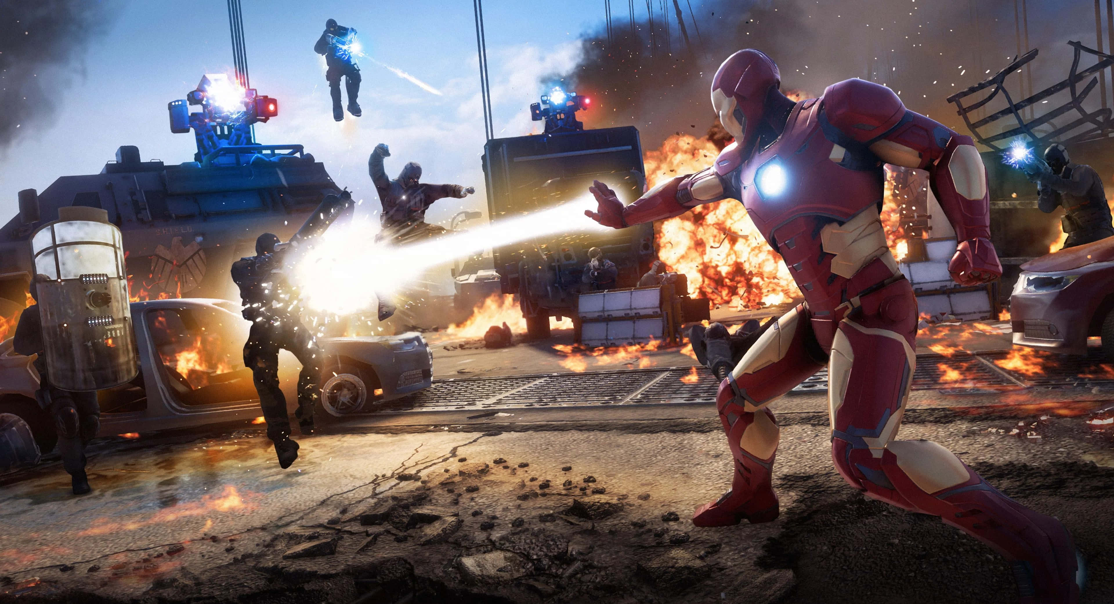Superhero Video Games 桌布 壁紙 — 鋼鐵人在與士兵和裝甲車的激烈城市戰鬥中發射斥力炮。