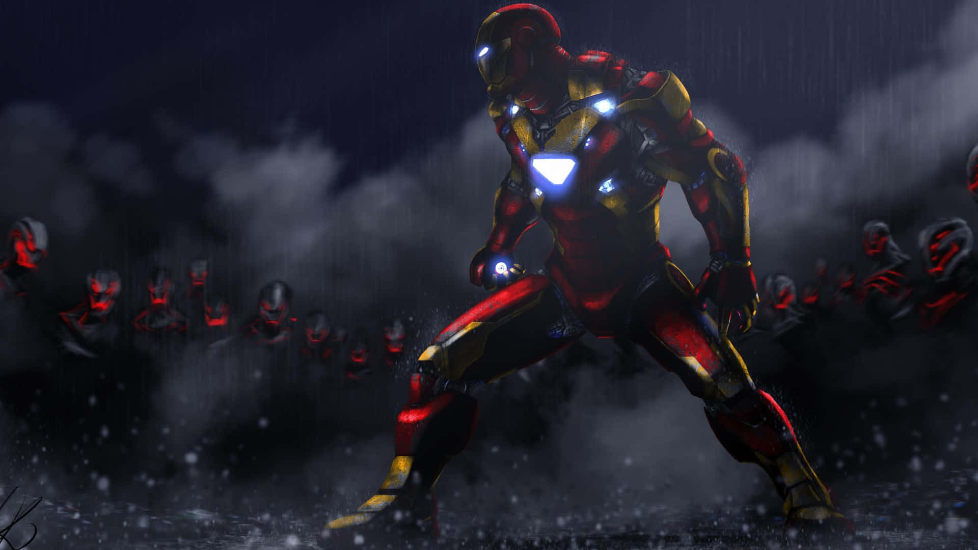 Iron Man Vs Ultron 桌布 壁紙 — 鋼鐵人在雨和煙霧中挑釁地站立，背景中發光的紅色敵人在逼近。