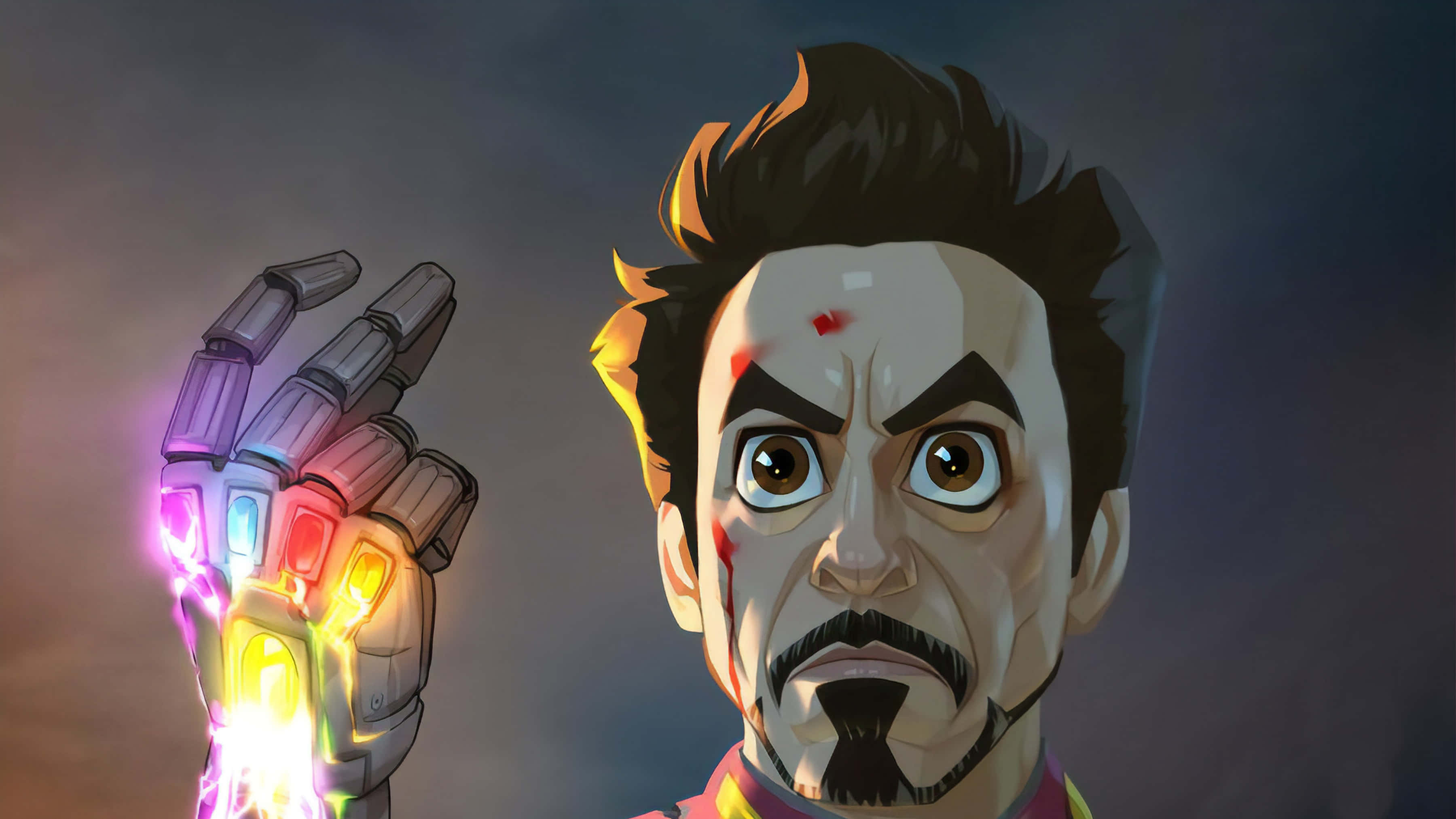 Cartoon Art 桌布 壁紙 — 鋼鐵人在黑暗煙霧背景下，手上戴著發光的無限手套，眼神銳利地凝視。