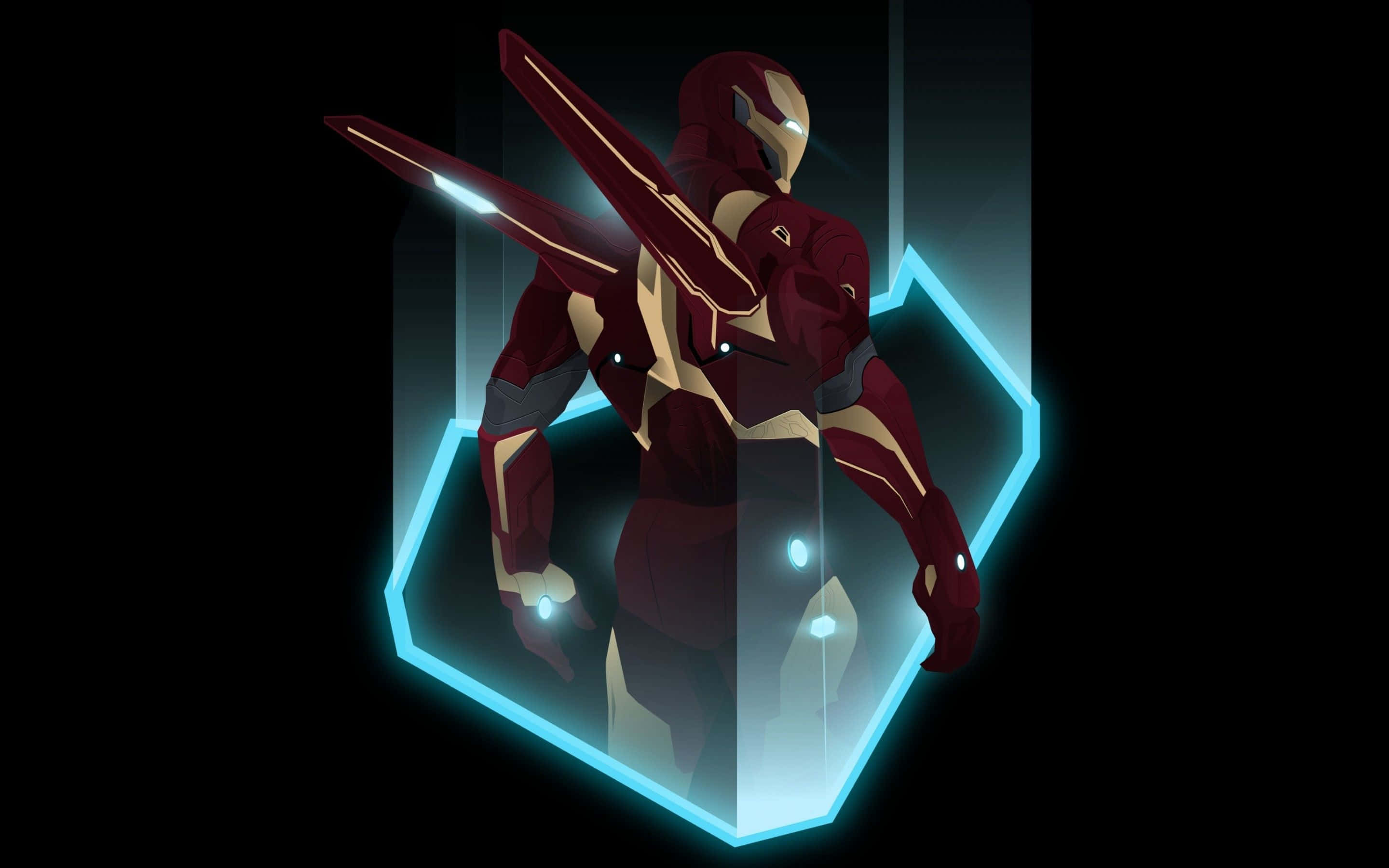 Iron Man Art 桌布 壁紙 — 鋼鐵人在黑暗背景中，於一個發光的藍色六邊形房間內張開雙臂站立。