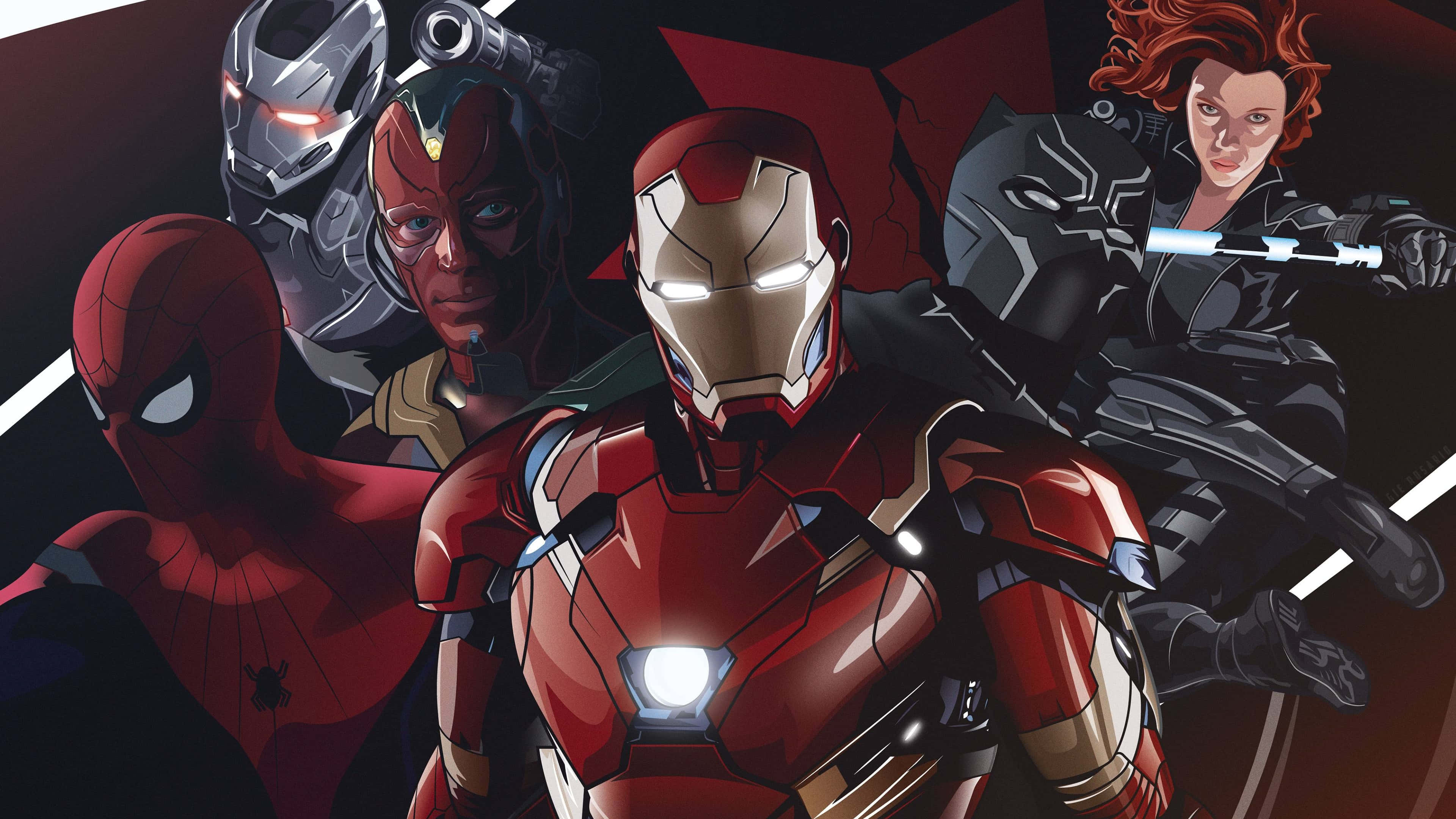 4K Marvel 壁紙 桌布 壁紙 — 鋼鐵人帶領一個充滿活力的超級英雄團隊，包括蜘蛛人、幻視和黑寡婦，以大膽的漫畫風格呈現。