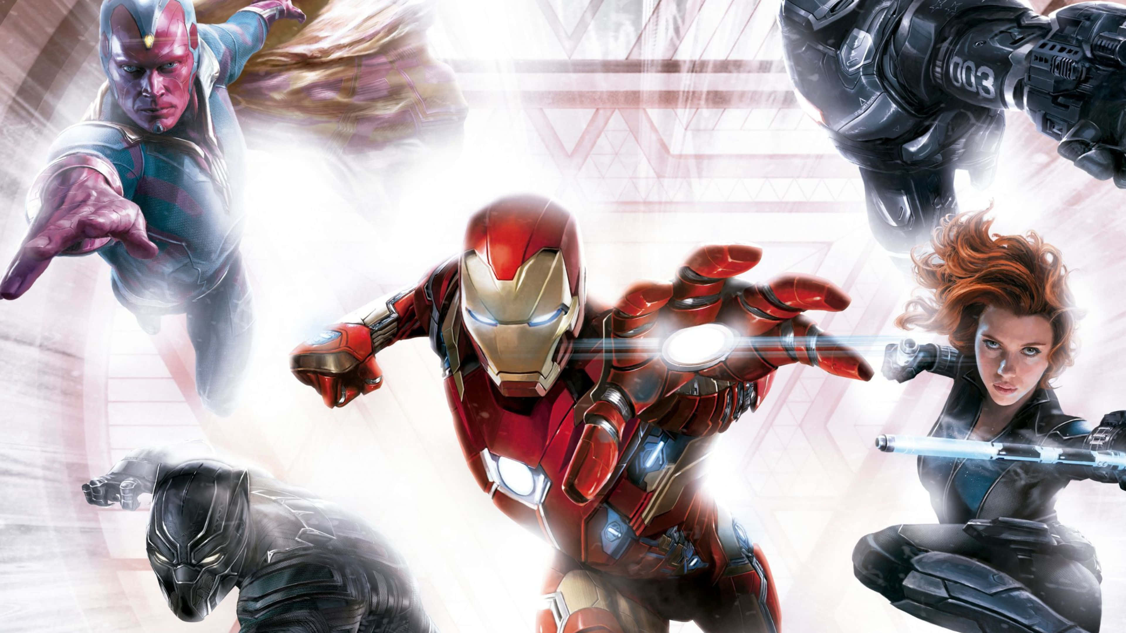 4K Captain America 桌布 壁紙 — 鋼鐵人帶領一支充滿活力的超級英雄團隊，在明亮的抽象背景前展開激戰。