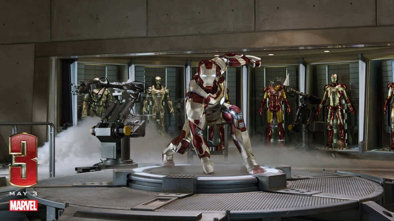 1366x768 Iron Man 桌布 壁紙 — 鋼鐵人戰甲啟動，煙霧從圓形平台升起，周圍有其他戰甲在一個高科技實驗室中。